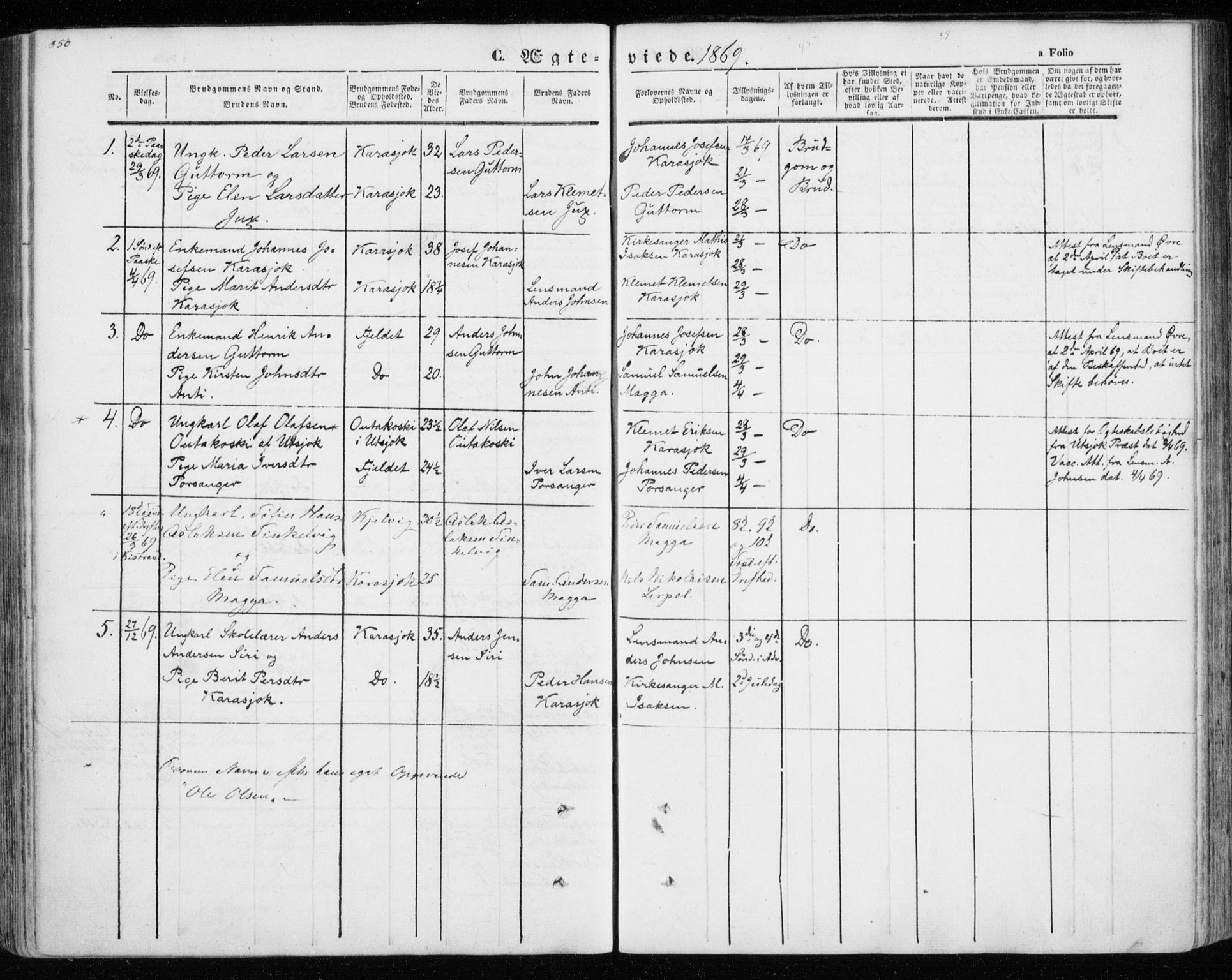 Kistrand/Porsanger sokneprestembete, AV/SATØ-S-1351/H/Ha/L0012.kirke: Parish register (official) no. 12, 1843-1871, p. 350-351