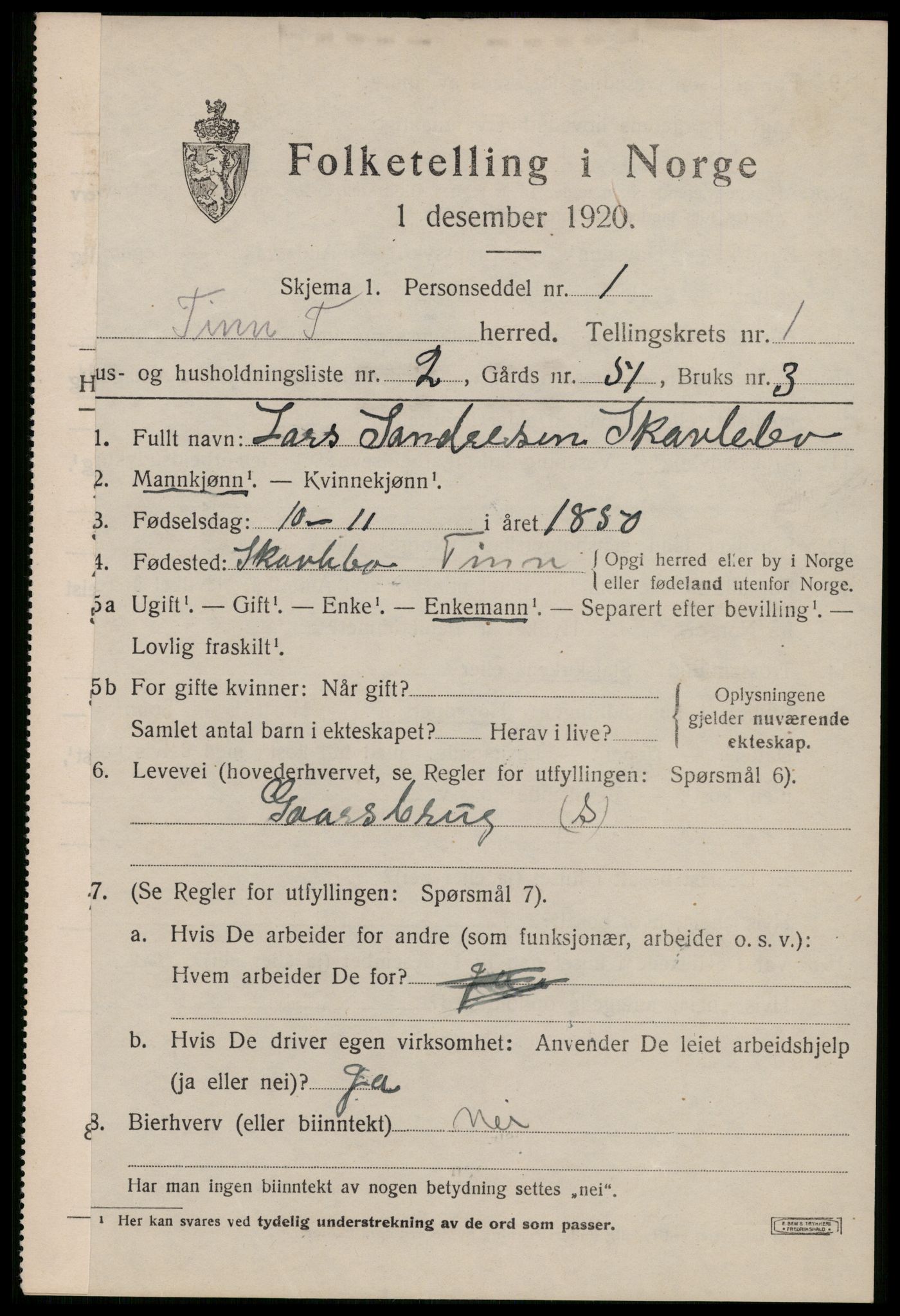 SAKO, 1920 census for Tinn, 1920, p. 2700