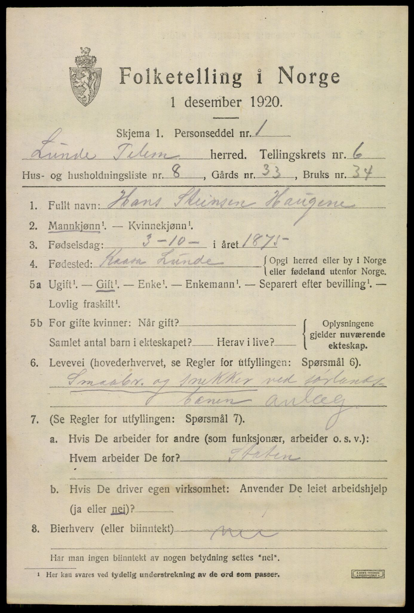 SAKO, 1920 census for Lunde, 1920, p. 4285