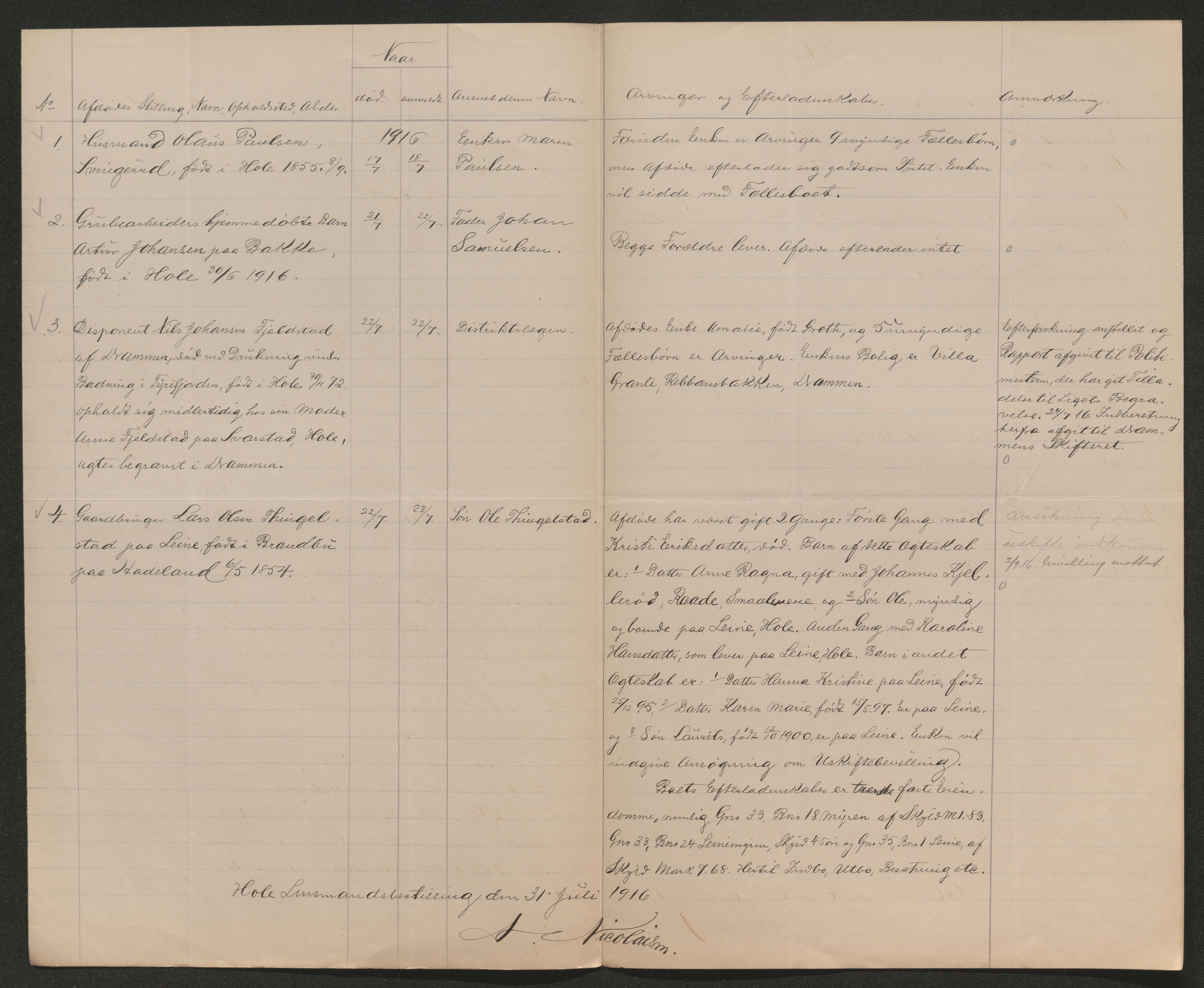 Ringerike sorenskriveri, AV/SAKO-A-105/H/Ha/Hab/L0019: Dødsfallslister Hole, 1842-1917