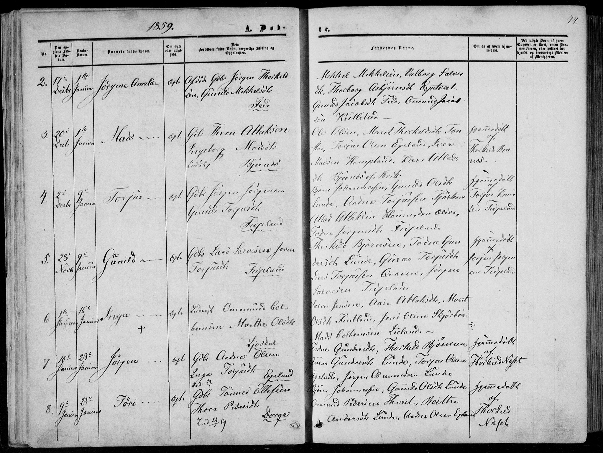 Sirdal sokneprestkontor, AV/SAK-1111-0036/F/Fa/Fab/L0002: Parish register (official) no. A 2, 1855-1874, p. 44