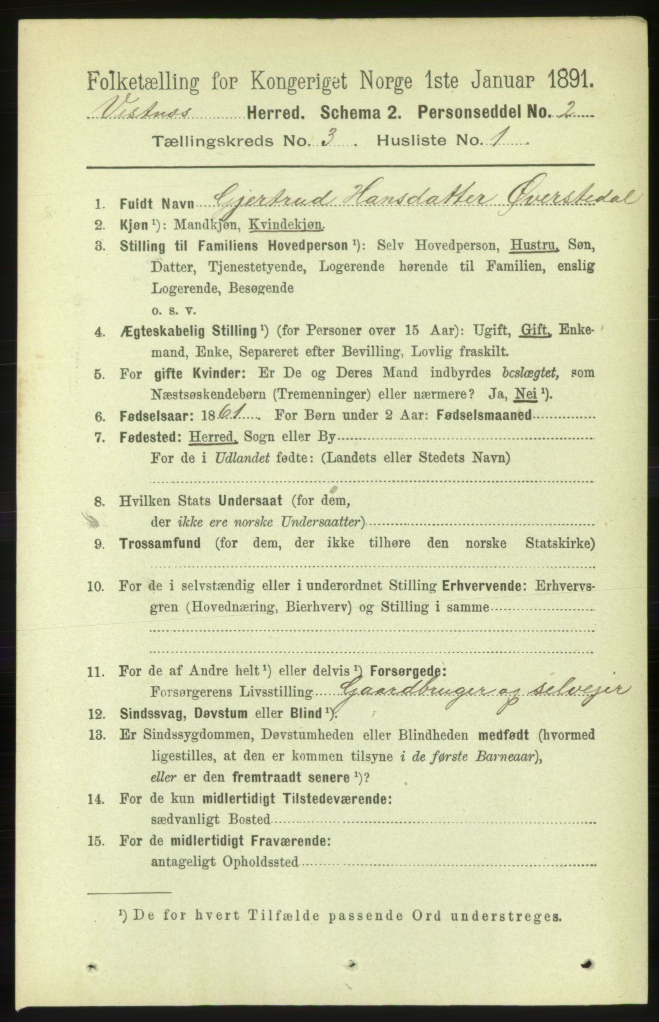 RA, 1891 census for 1535 Vestnes, 1891, p. 877