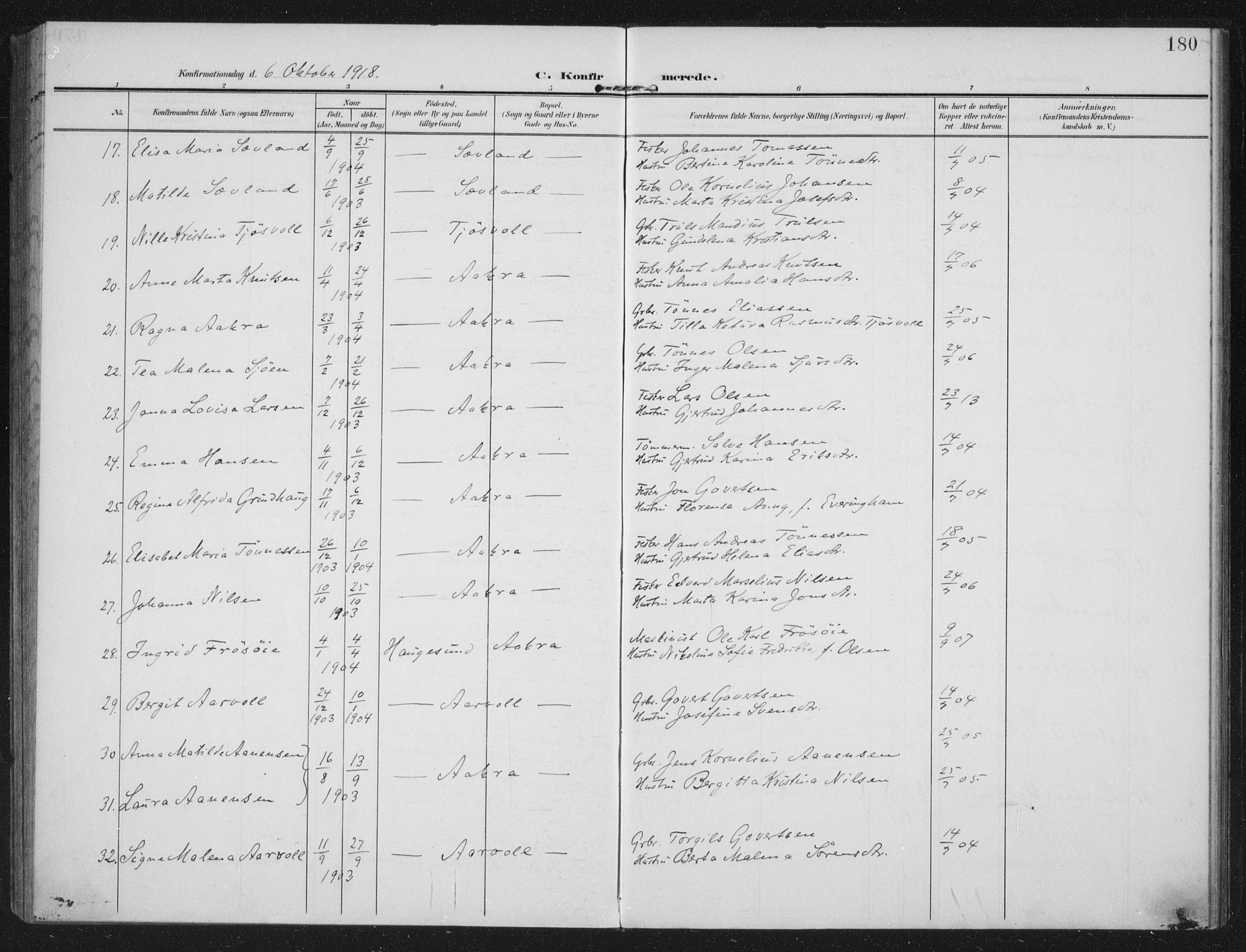 Kopervik sokneprestkontor, SAST/A-101850/H/Ha/Haa/L0005: Parish register (official) no. A 5, 1906-1924, p. 180