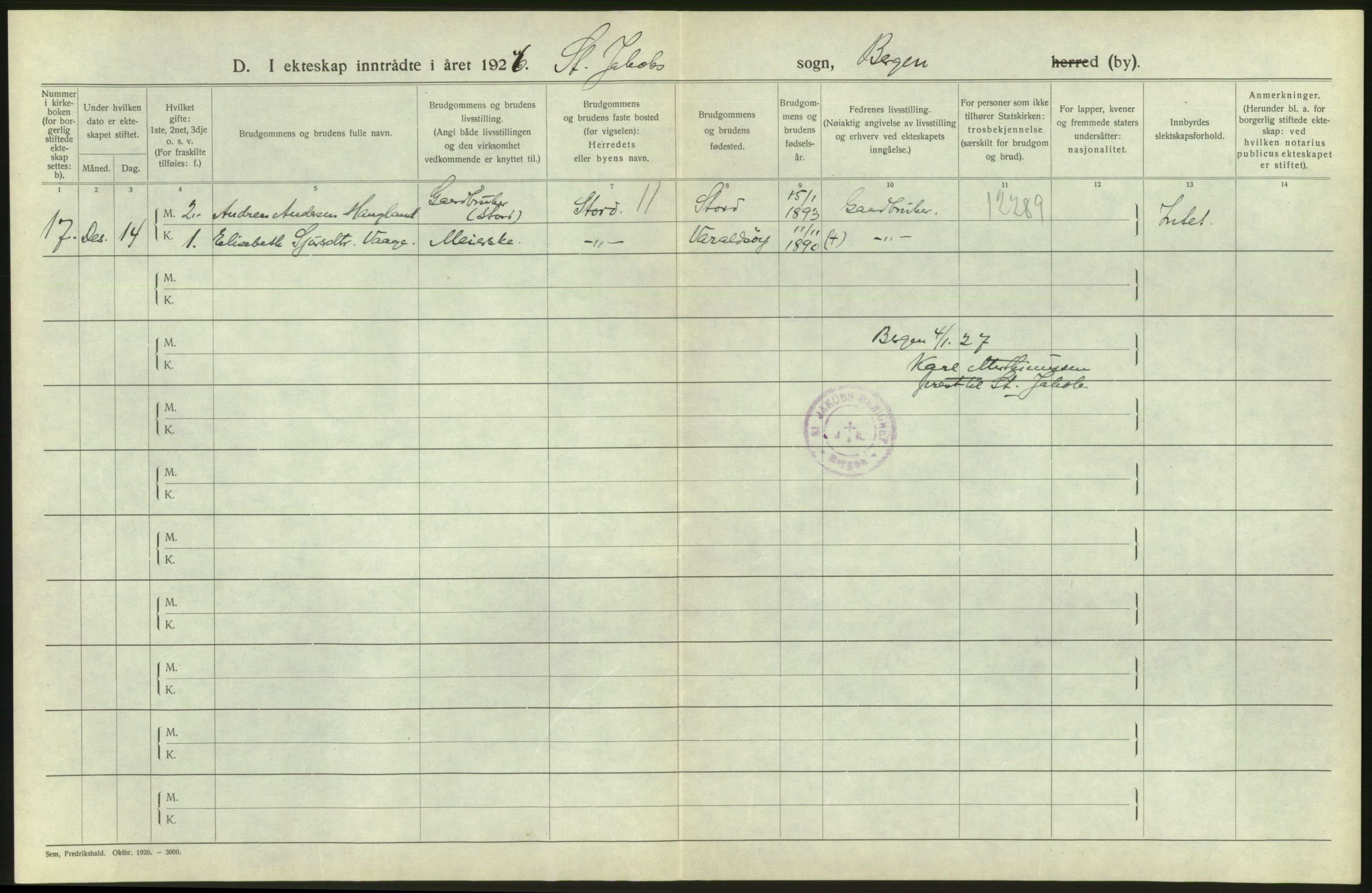 Statistisk sentralbyrå, Sosiodemografiske emner, Befolkning, RA/S-2228/D/Df/Dfc/Dfcf/L0028: Bergen: Gifte, døde, dødfødte., 1926, p. 40