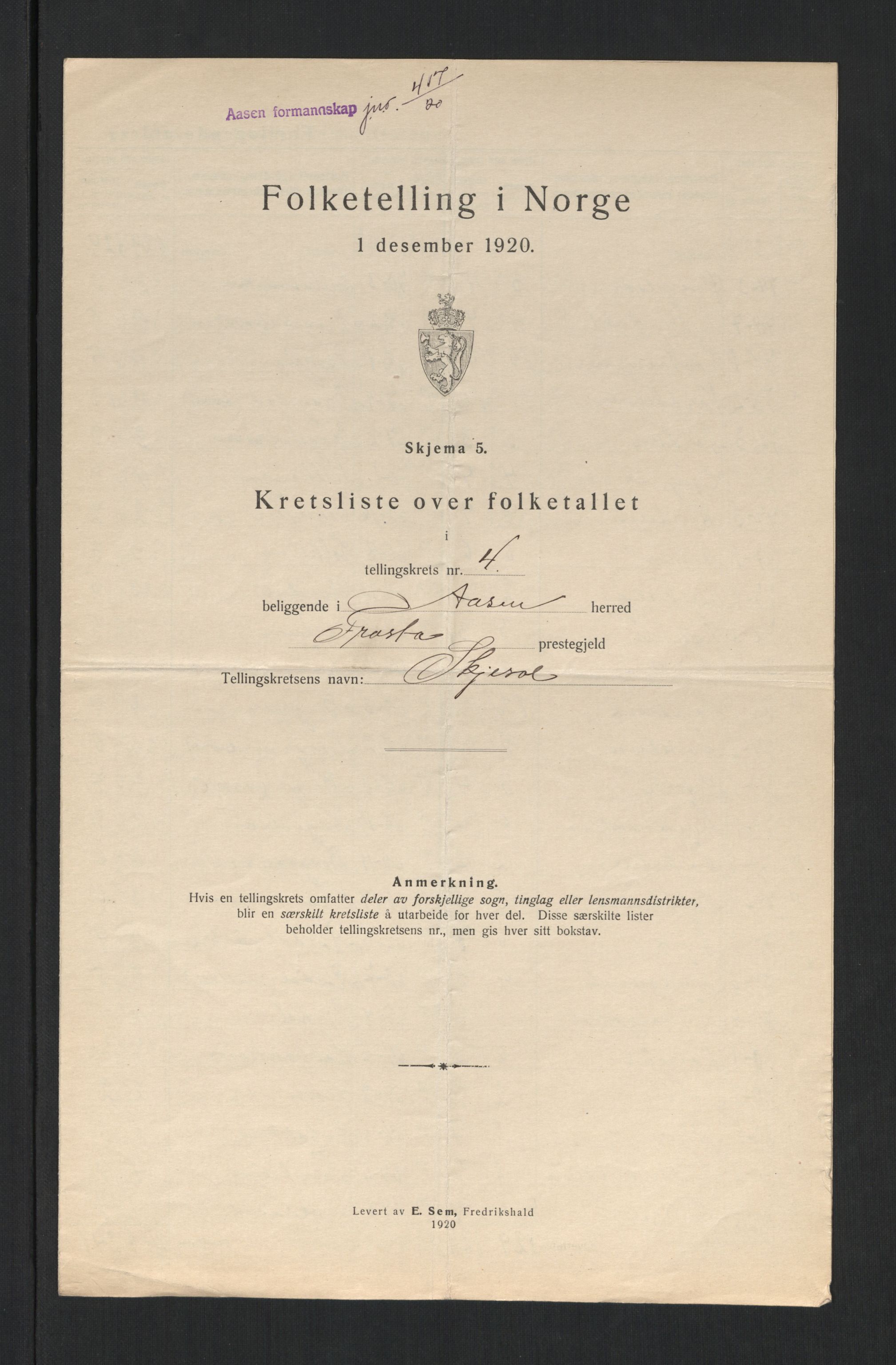 SAT, 1920 census for Åsen, 1920, p. 18