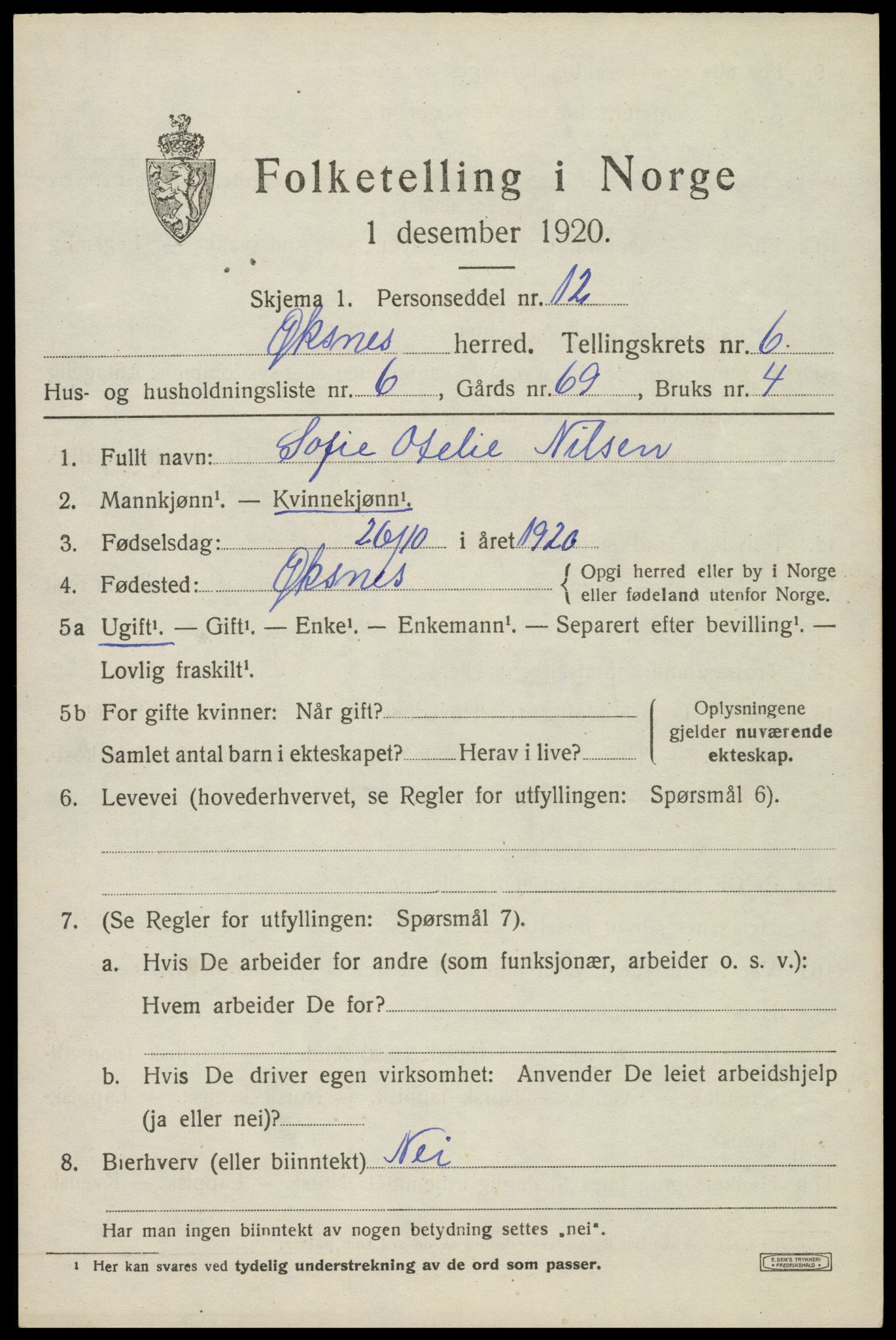 SAT, 1920 census for Øksnes, 1920, p. 4946