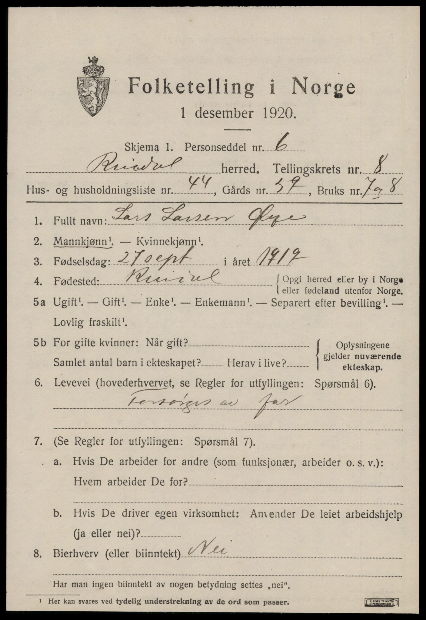 SAT, 1920 census for Rindal, 1920, p. 4528