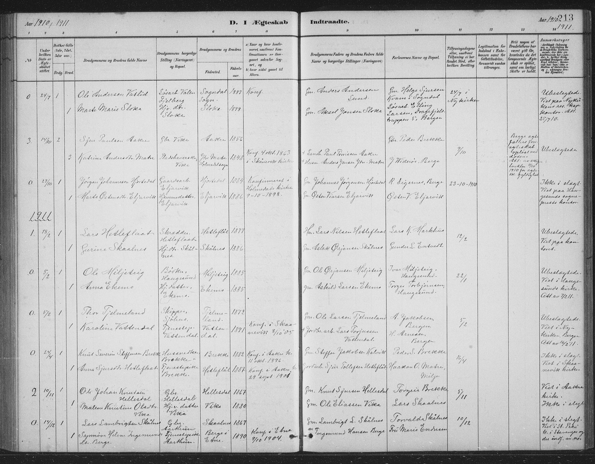 Skånevik sokneprestembete, SAB/A-77801/H/Hab: Parish register (copy) no. B 2, 1881-1920, p. 213