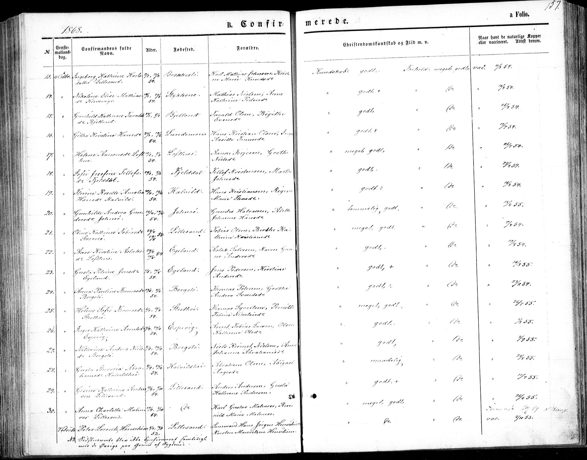 Vestre Moland sokneprestkontor, AV/SAK-1111-0046/F/Fb/Fbb/L0004: Parish register (copy) no. B 4, 1861-1872, p. 157