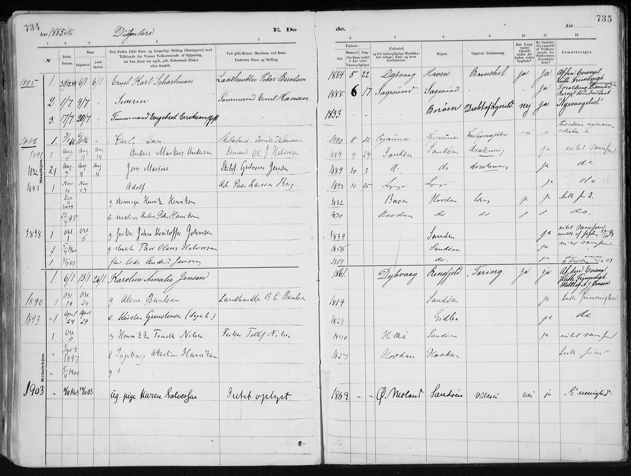Dypvåg sokneprestkontor, SAK/1111-0007/F/Fa/Faa/L0008: Parish register (official) no. A 8, 1885-1906, p. 734-735