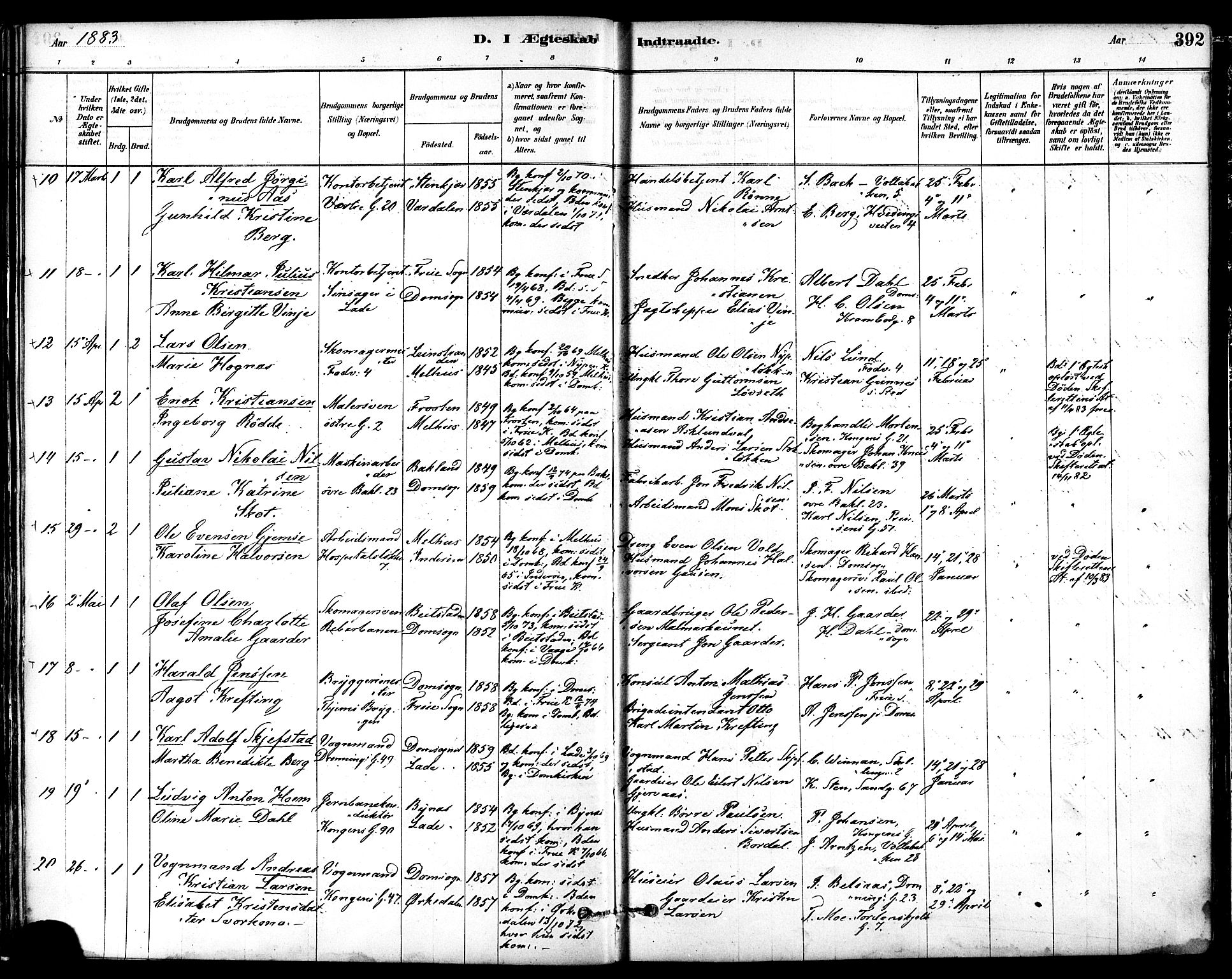 Ministerialprotokoller, klokkerbøker og fødselsregistre - Sør-Trøndelag, SAT/A-1456/601/L0058: Parish register (official) no. 601A26, 1877-1891, p. 392