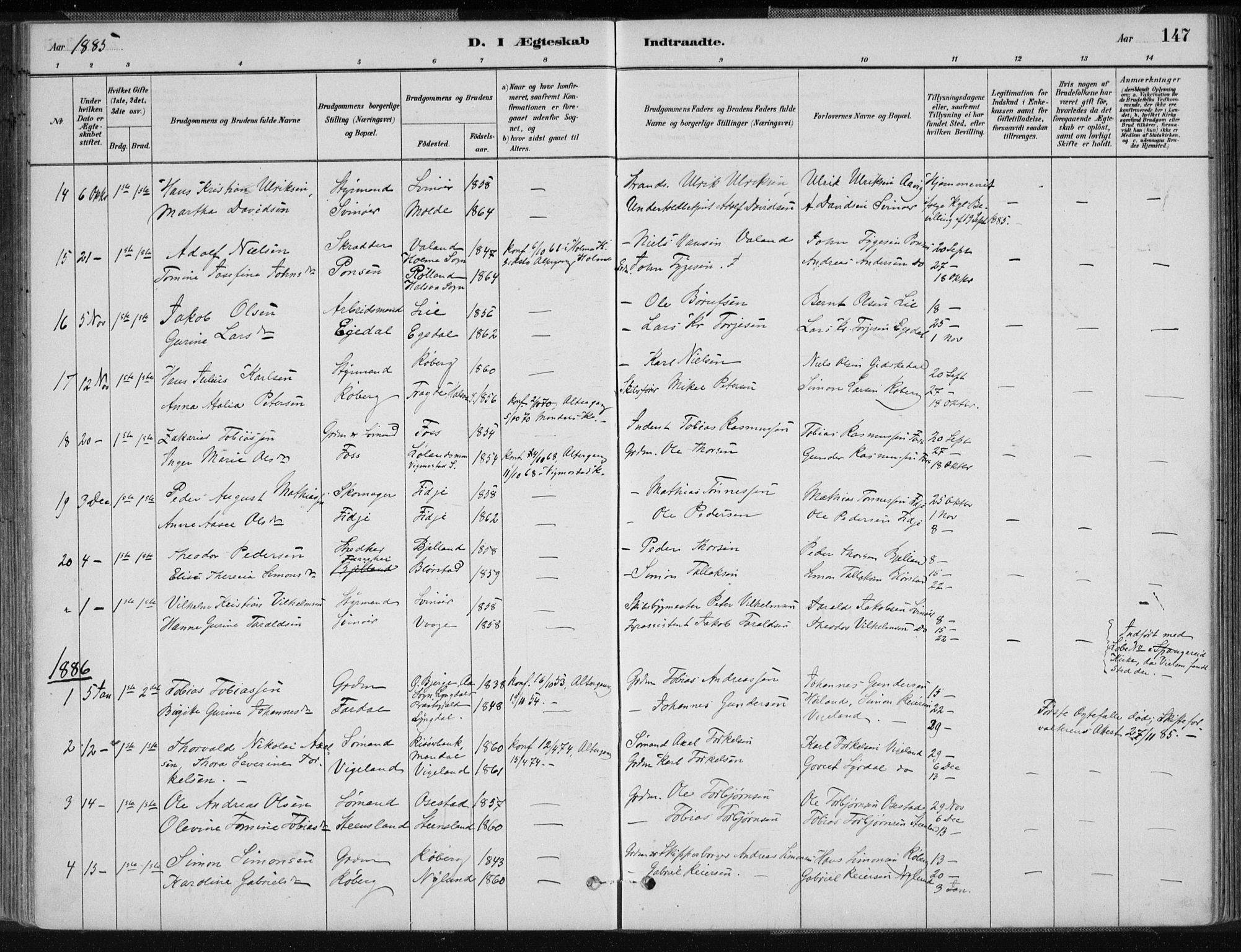 Sør-Audnedal sokneprestkontor, AV/SAK-1111-0039/F/Fa/Fab/L0009: Parish register (official) no. A 9, 1880-1895, p. 147