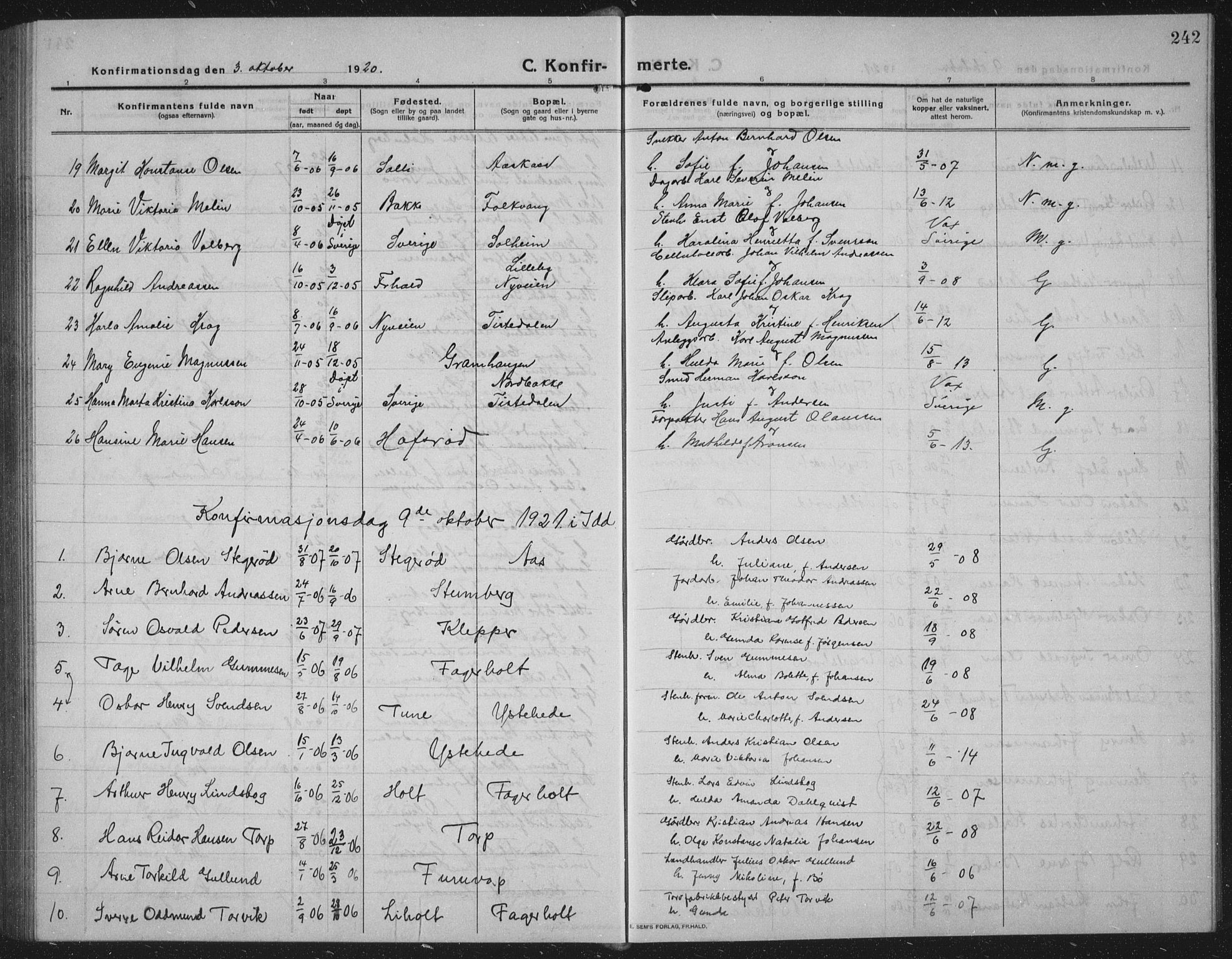 Idd prestekontor Kirkebøker, SAO/A-10911/G/Gb/L0003: Parish register (copy) no. II 3, 1914-1940, p. 242
