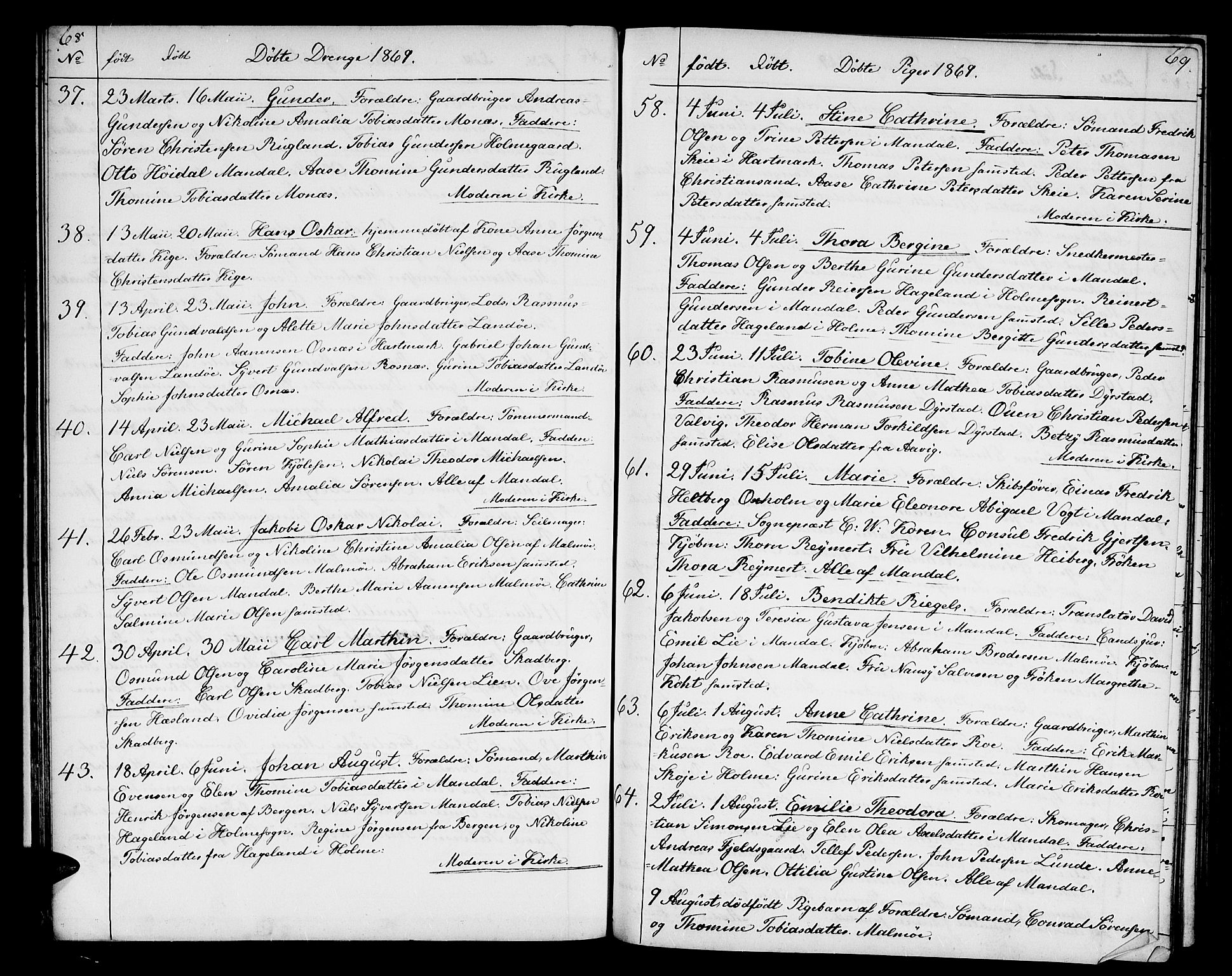 Mandal sokneprestkontor, SAK/1111-0030/F/Fb/Fba/L0009: Parish register (copy) no. B 3, 1867-1877, p. 68-69