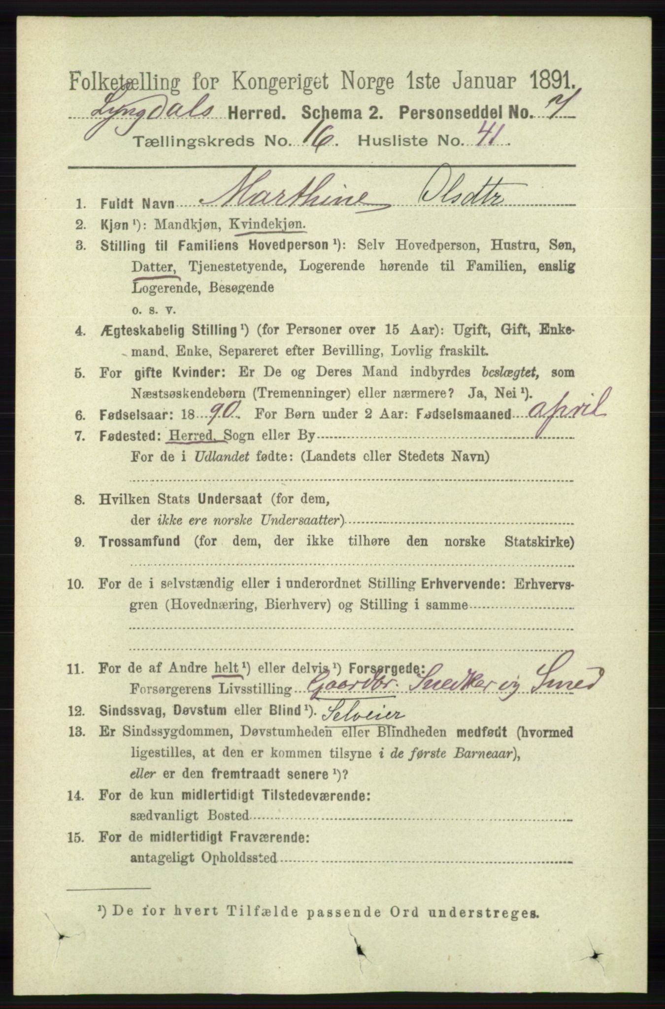 RA, 1891 census for 1032 Lyngdal, 1891, p. 6466