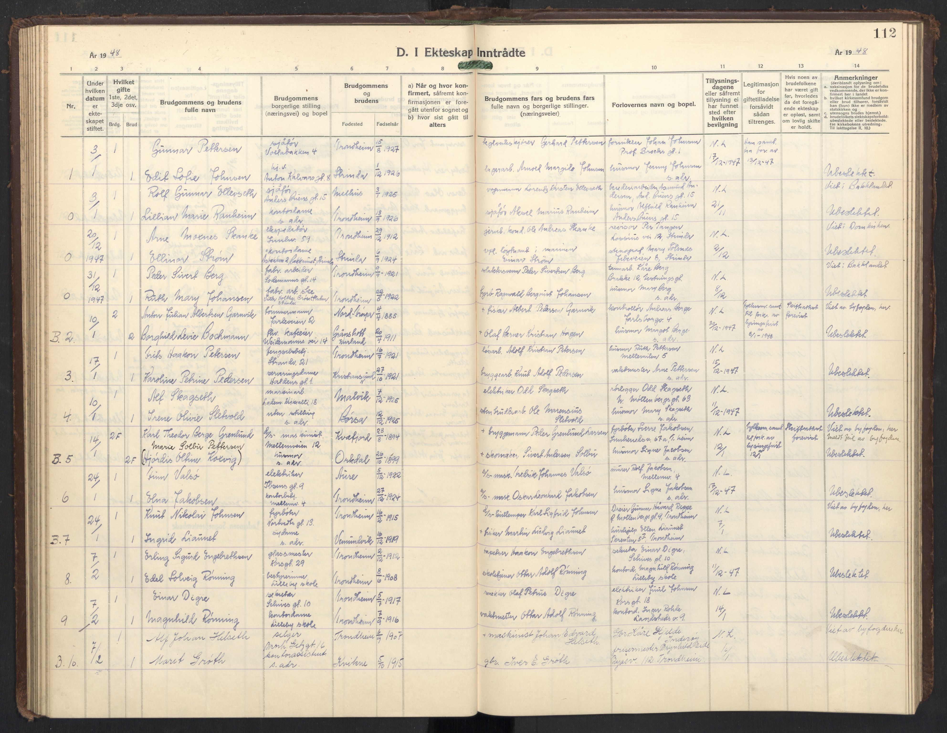 Ministerialprotokoller, klokkerbøker og fødselsregistre - Sør-Trøndelag, SAT/A-1456/605/L0263: Parish register (copy) no. 605C10, 1938-1949, p. 112