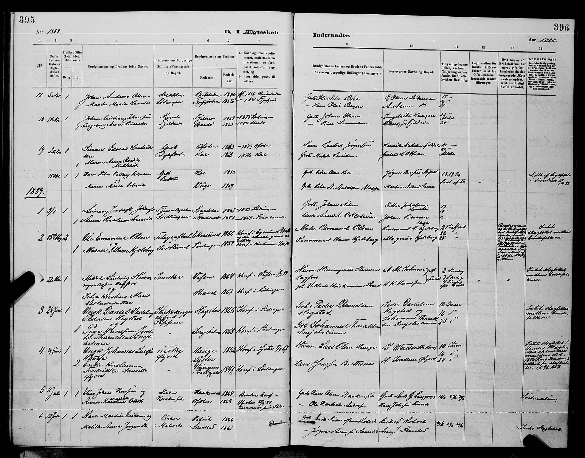 Ministerialprotokoller, klokkerbøker og fødselsregistre - Nordland, SAT/A-1459/872/L1047: Parish register (copy) no. 872C03, 1880-1897, p. 395-396