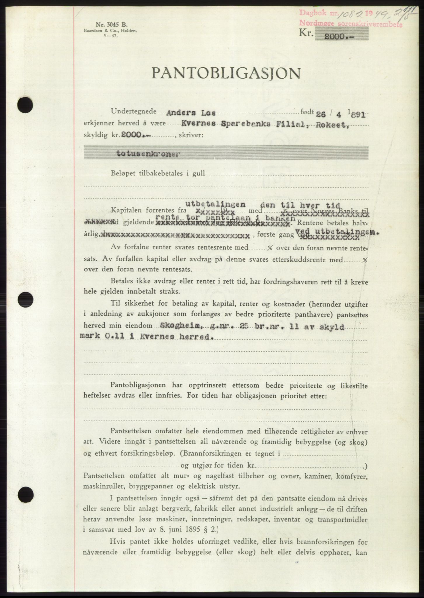 Nordmøre sorenskriveri, AV/SAT-A-4132/1/2/2Ca: Mortgage book no. B101, 1949-1949, Diary no: : 1082/1949