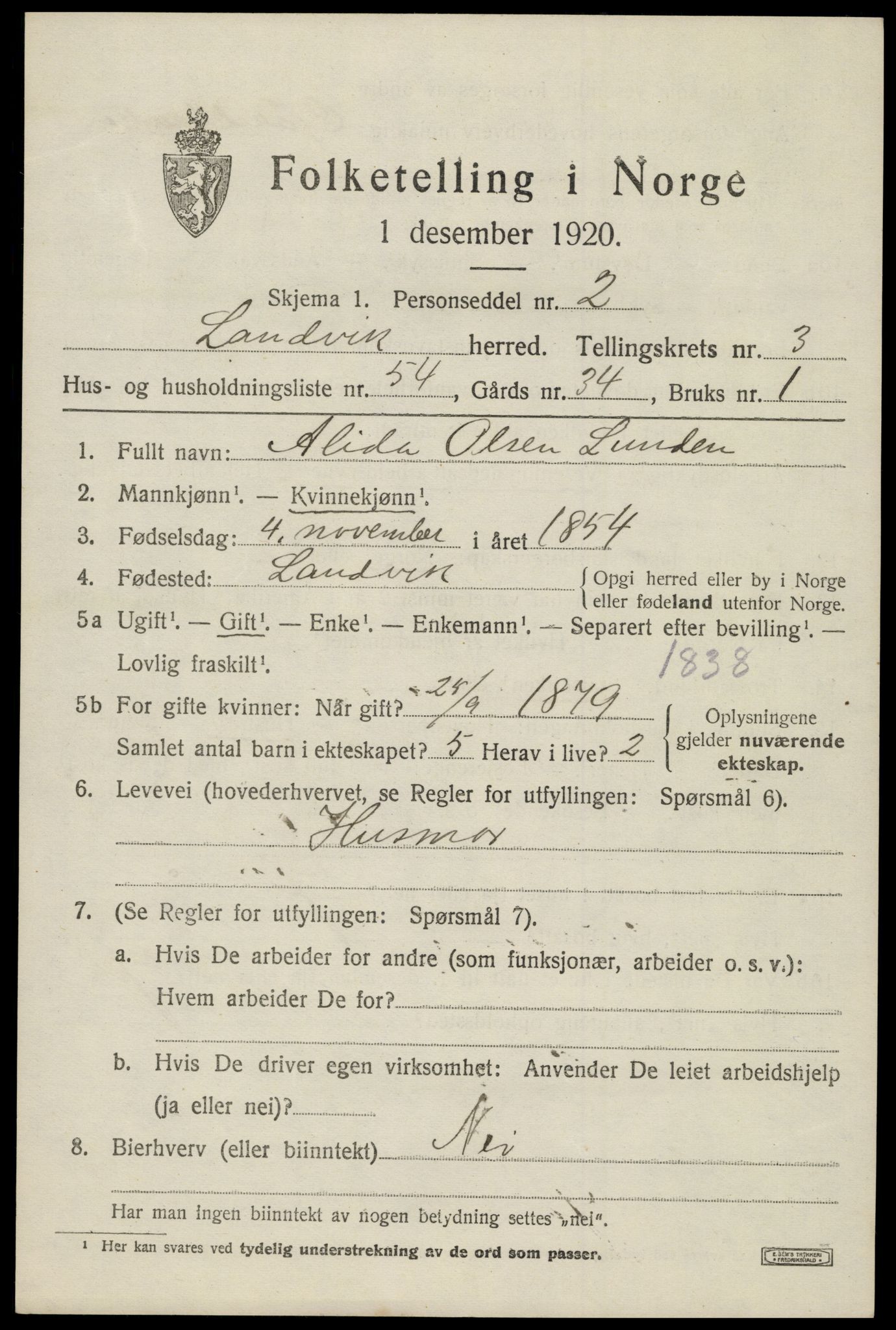 SAK, 1920 census for Landvik, 1920, p. 3410