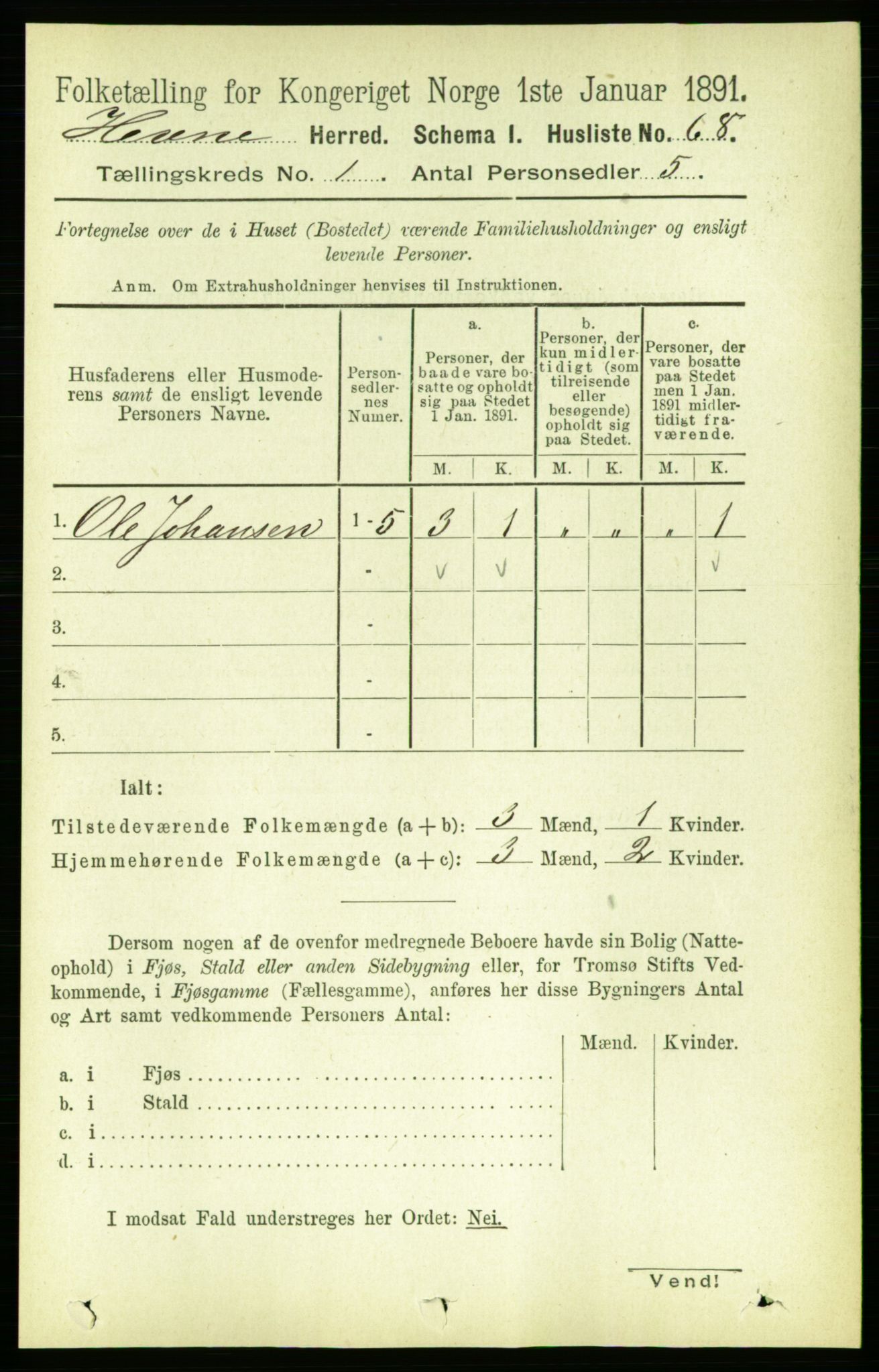 RA, 1891 census for 1612 Hemne, 1891, p. 104