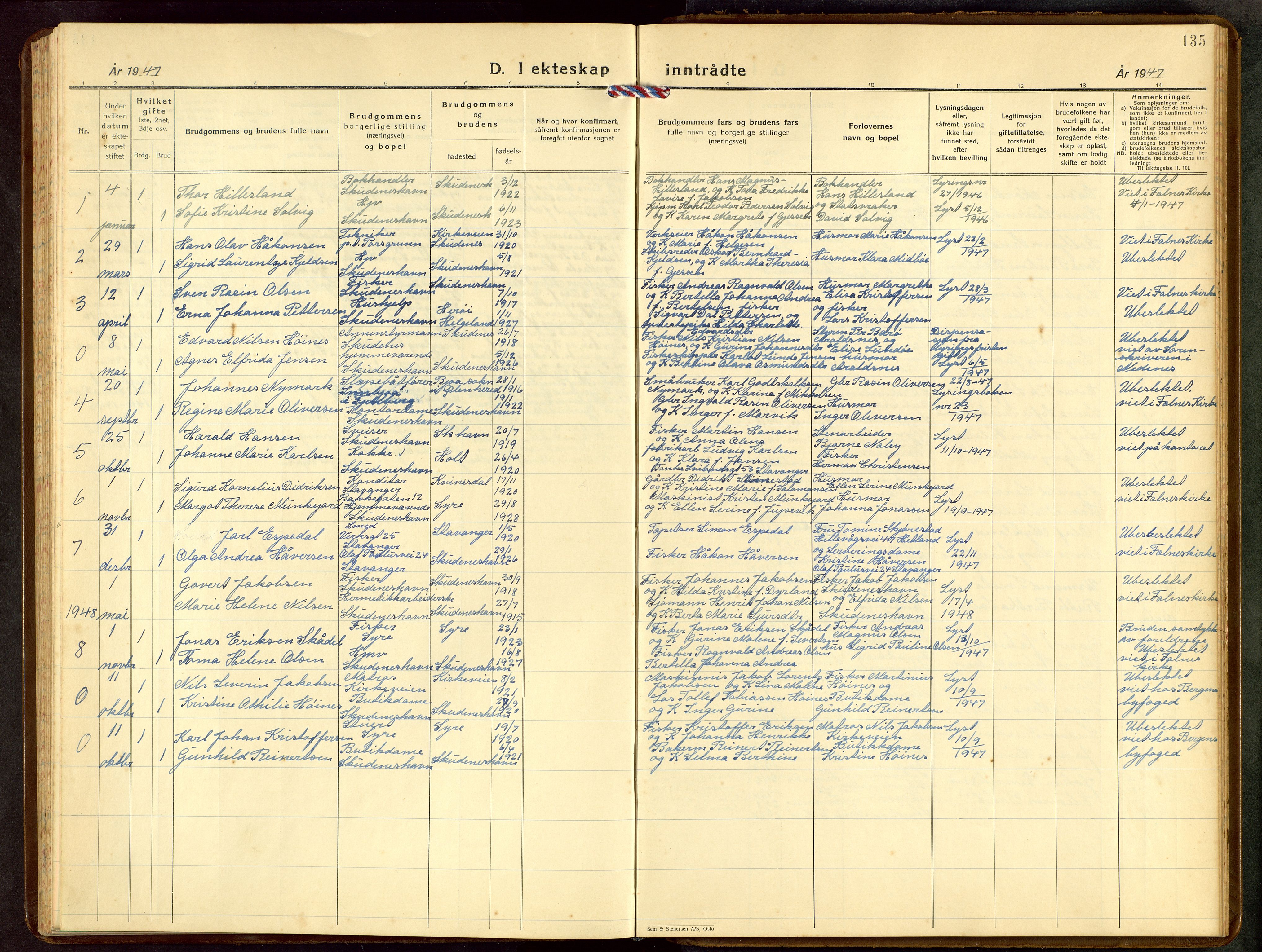 Skudenes sokneprestkontor, AV/SAST-A -101849/H/Ha/Hab/L0014: Parish register (copy) no. B 14, 1937-1956, p. 135