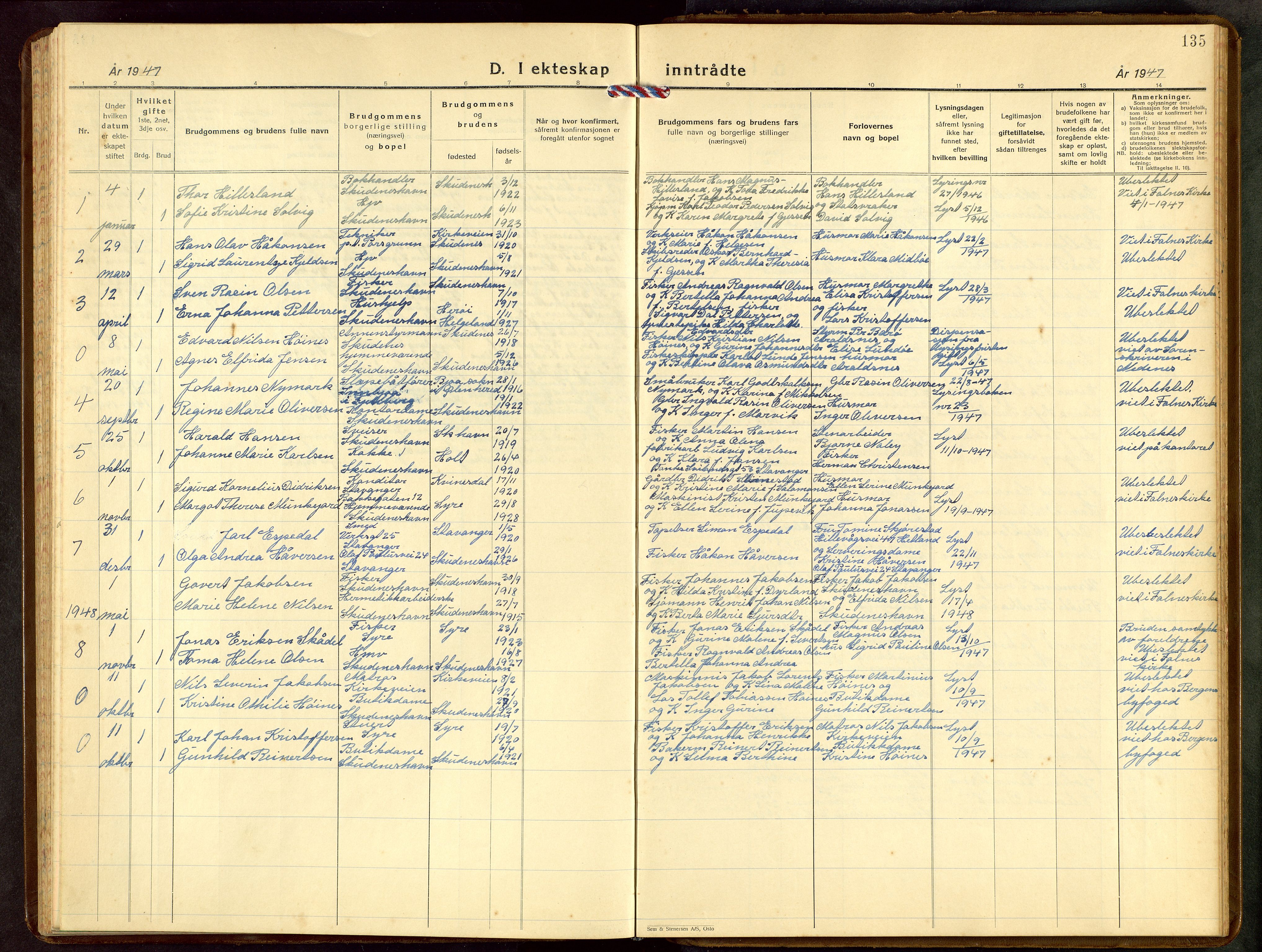 Skudenes sokneprestkontor, SAST/A -101849/H/Ha/Hab/L0014: Parish register (copy) no. B 14, 1937-1956, p. 135