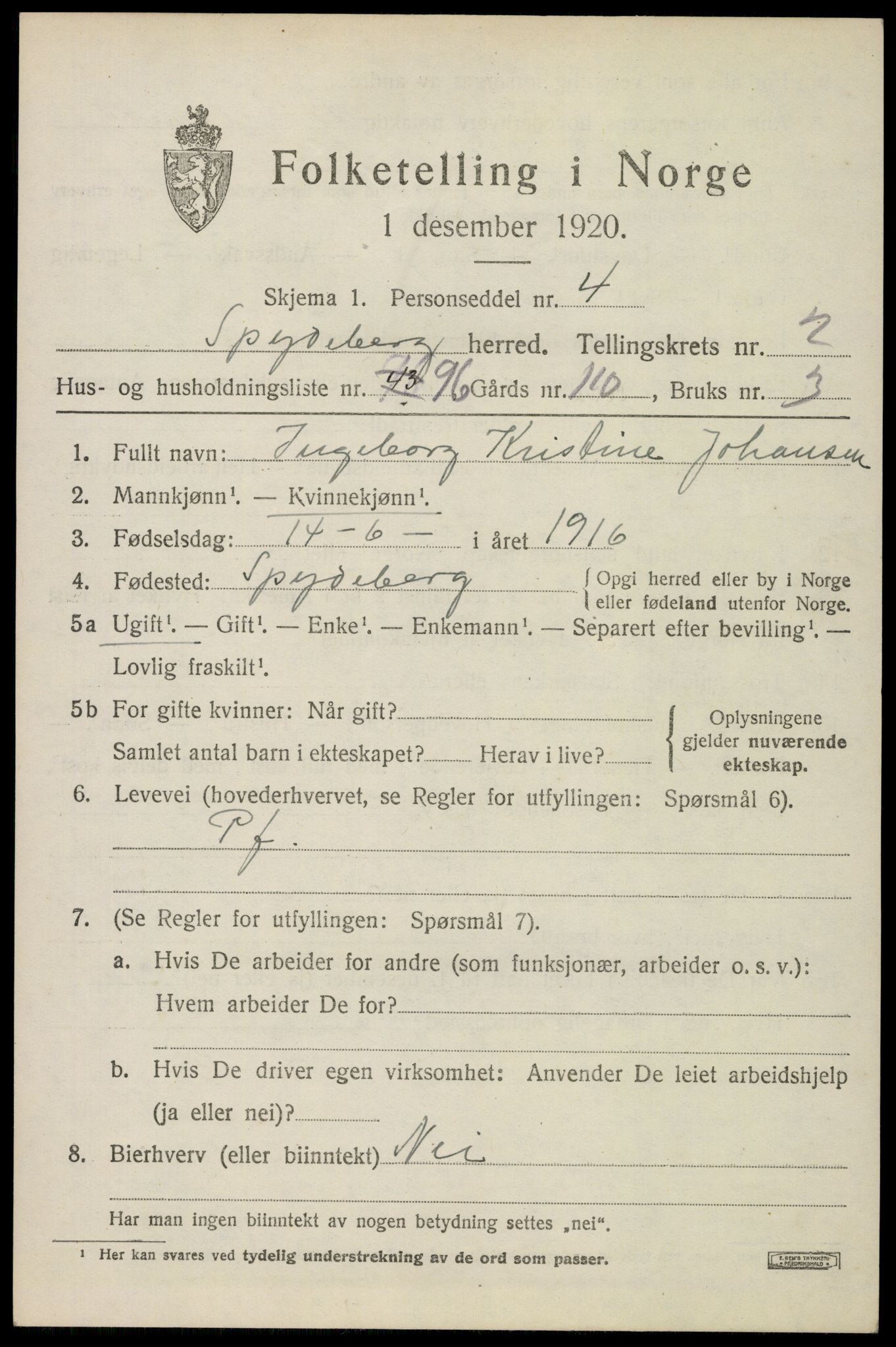 SAO, 1920 census for Spydeberg, 1920, p. 4061