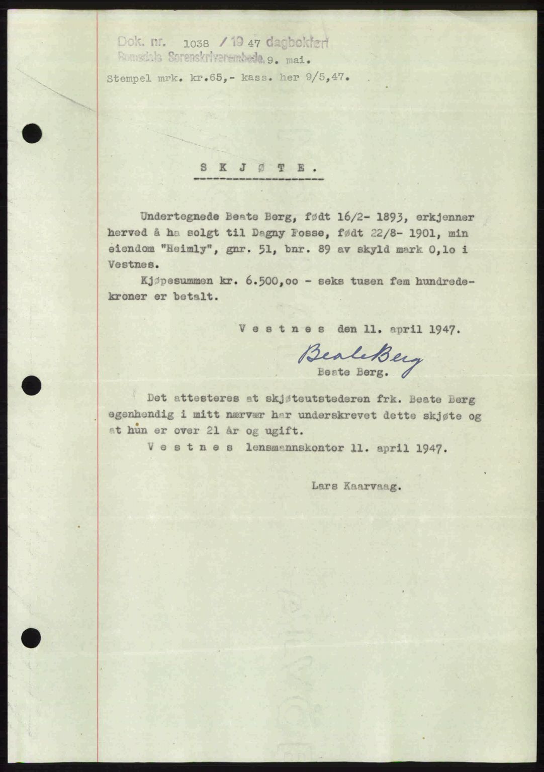 Romsdal sorenskriveri, AV/SAT-A-4149/1/2/2C: Mortgage book no. A23, 1947-1947, Diary no: : 1038/1947