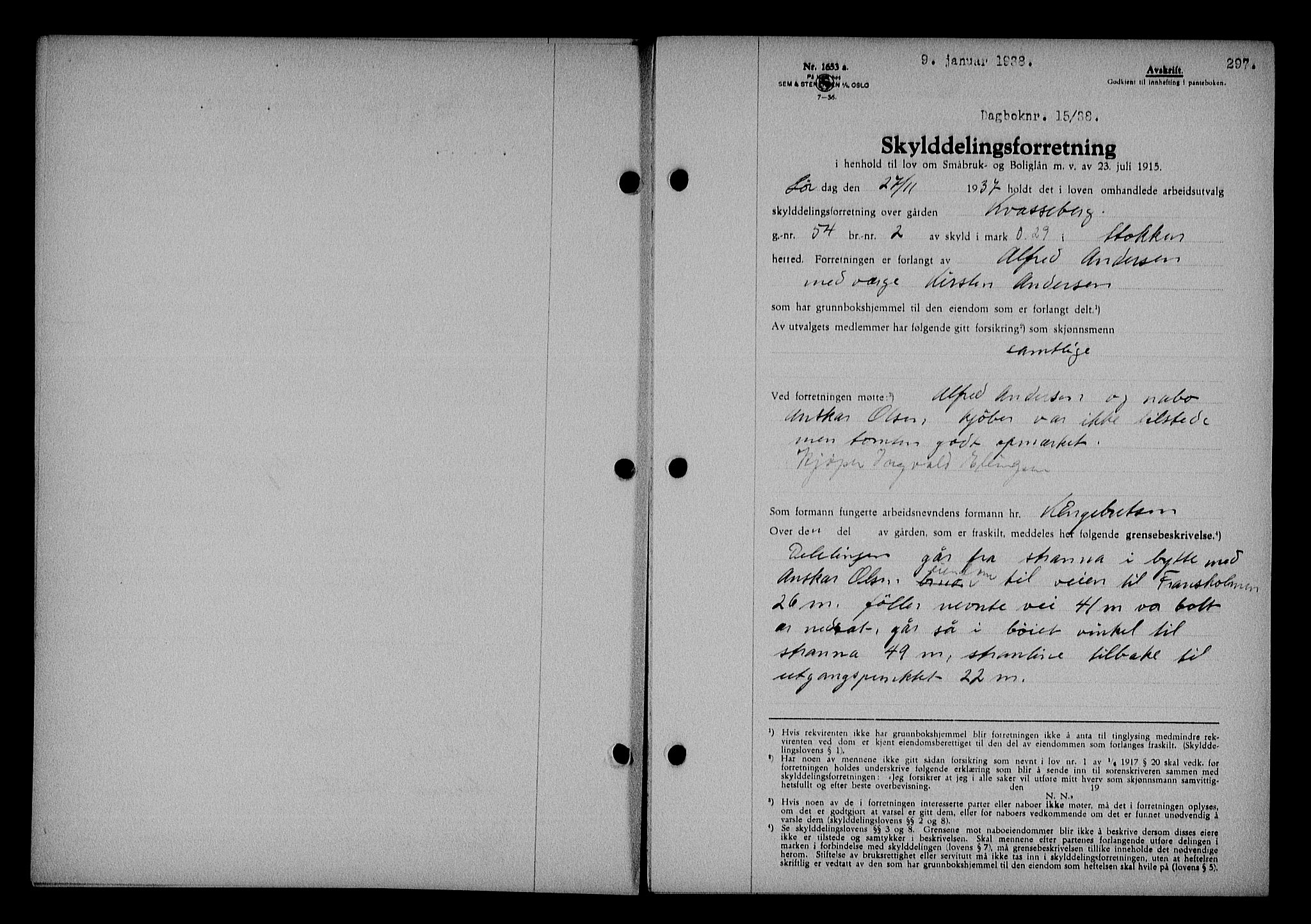 Nedenes sorenskriveri, SAK/1221-0006/G/Gb/Gba/L0044: Mortgage book no. 40, 1937-1938, Diary no: : 15/1938