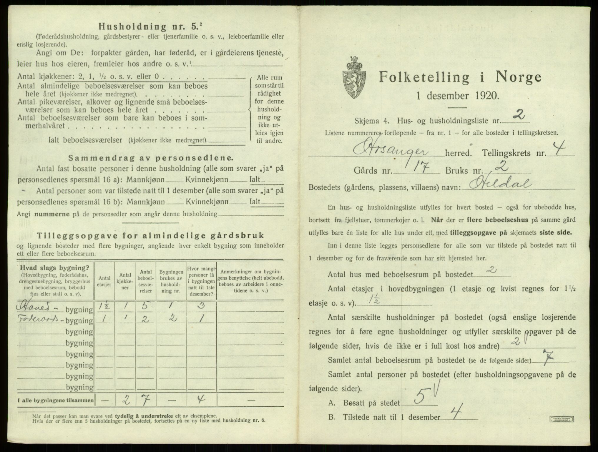 SAB, 1920 census for Hosanger, 1920, p. 192