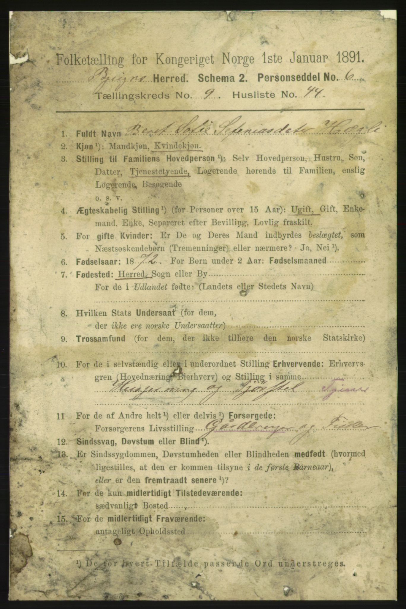 RA, 1891 census for 1627 Bjugn, 1891, p. 2647