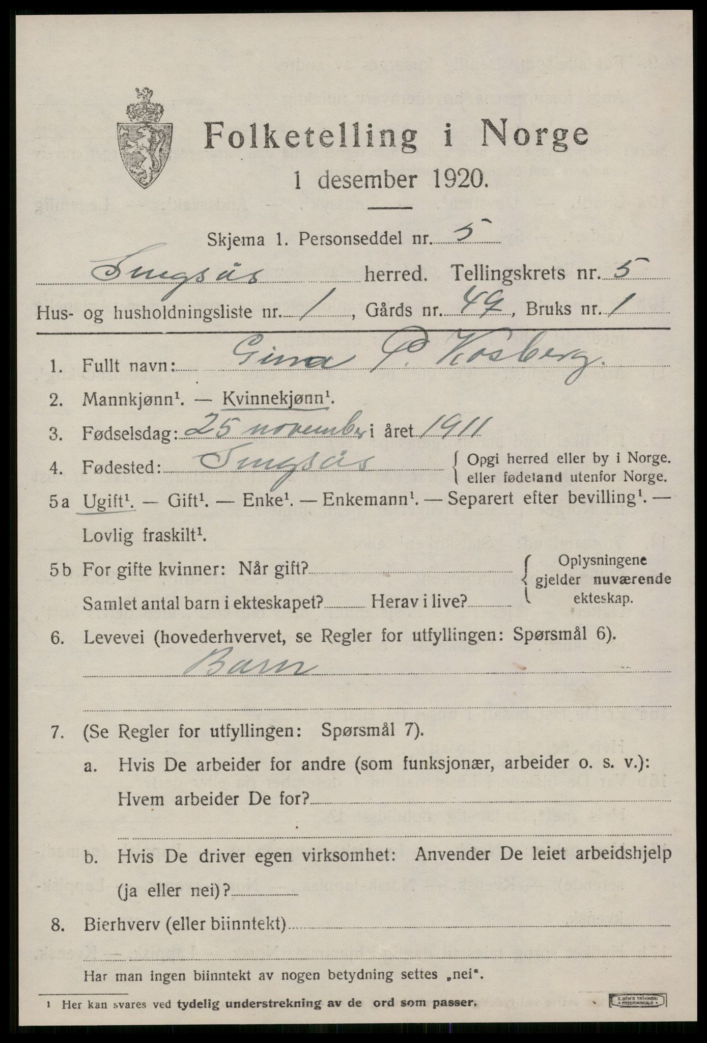 SAT, 1920 census for Singsås, 1920, p. 3025