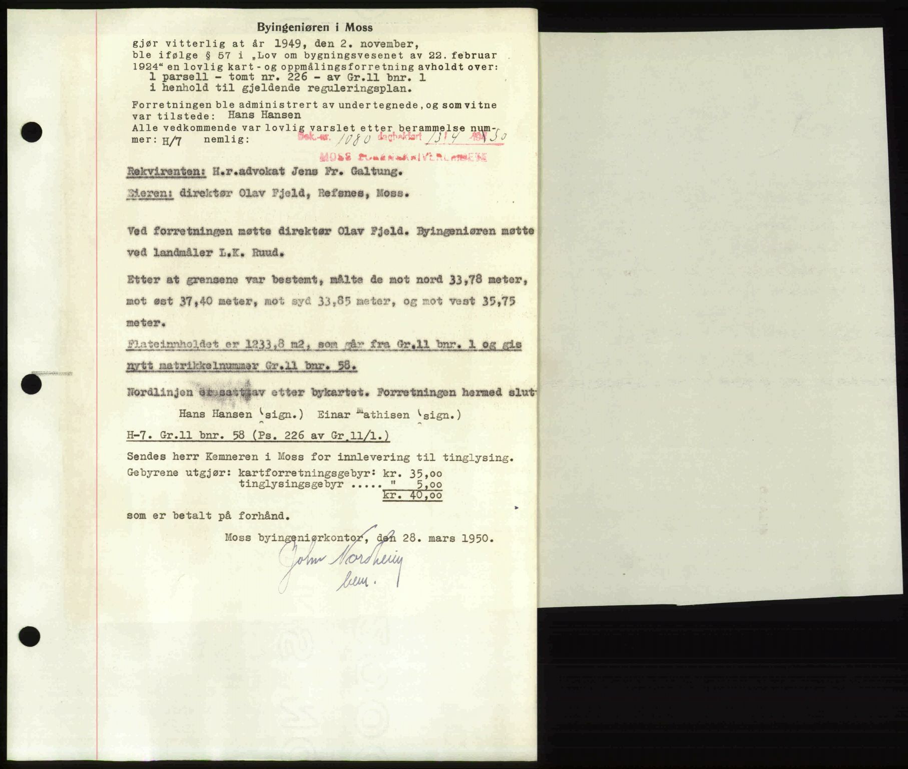 Moss sorenskriveri, SAO/A-10168: Mortgage book no. A25, 1950-1950, Diary no: : 1080/1950