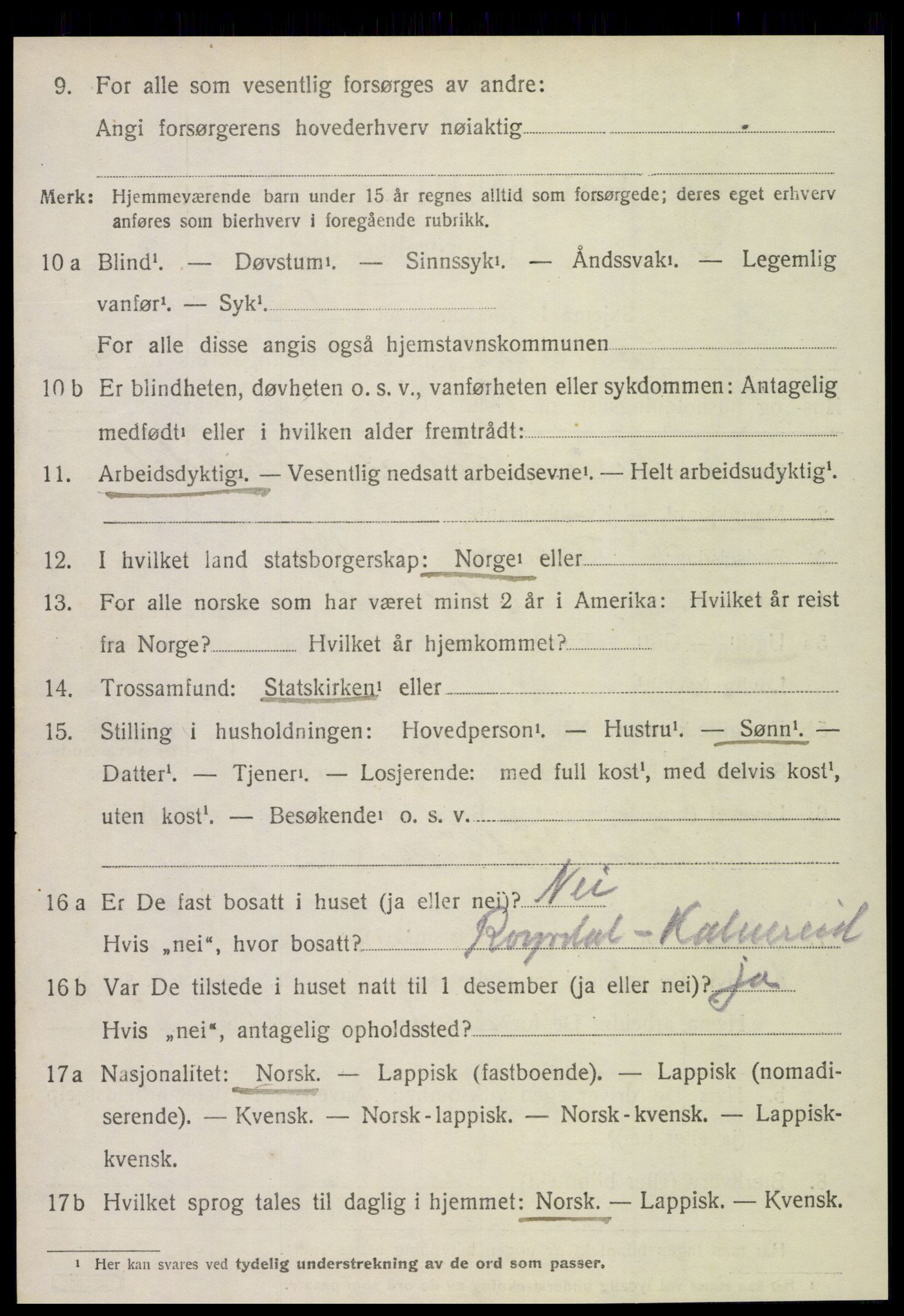 SAT, 1920 census for Kolvereid, 1920, p. 3120