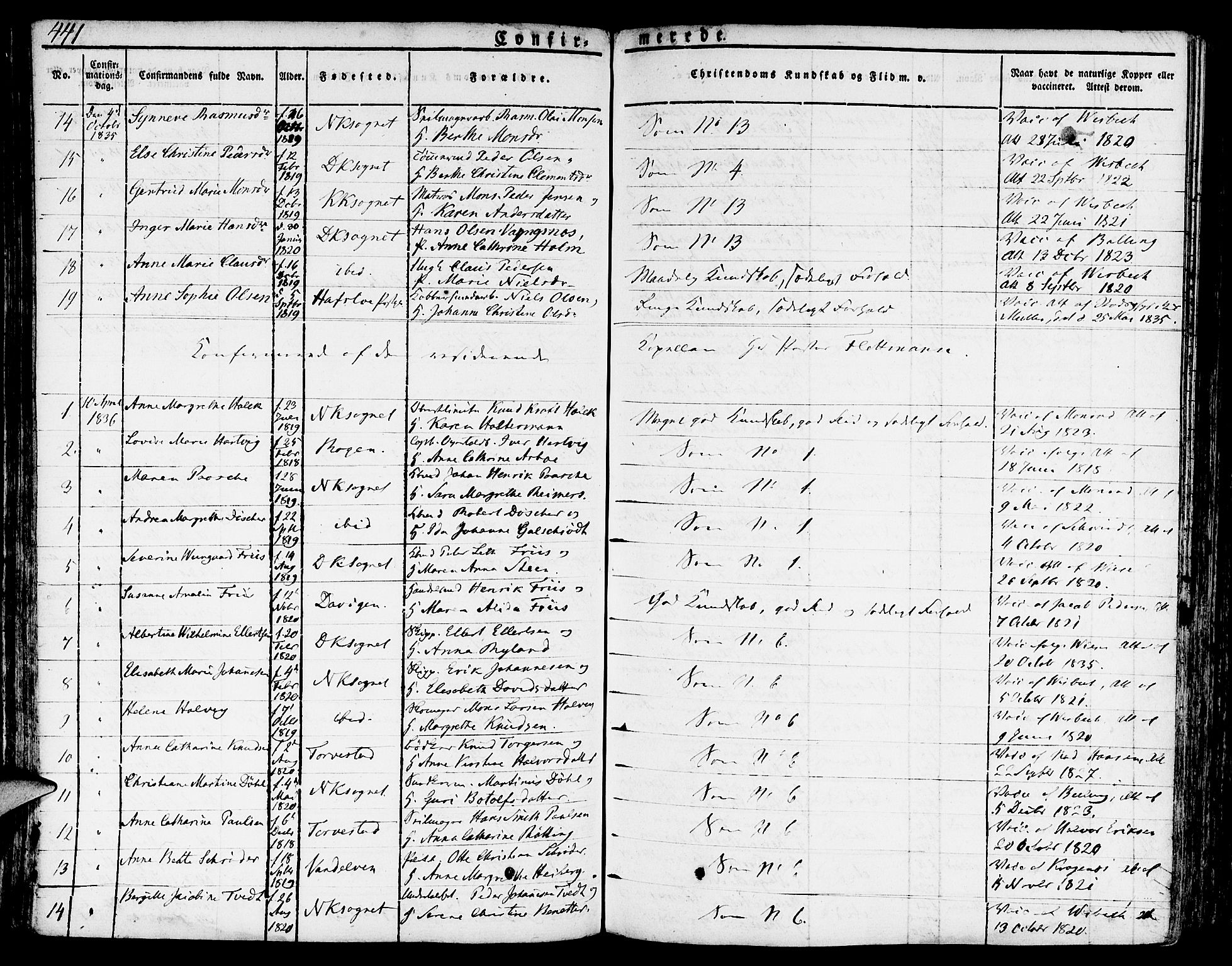 Nykirken Sokneprestembete, SAB/A-77101/H/Hab: Parish register (copy) no. A 5II, 1821-1843, p. 441
