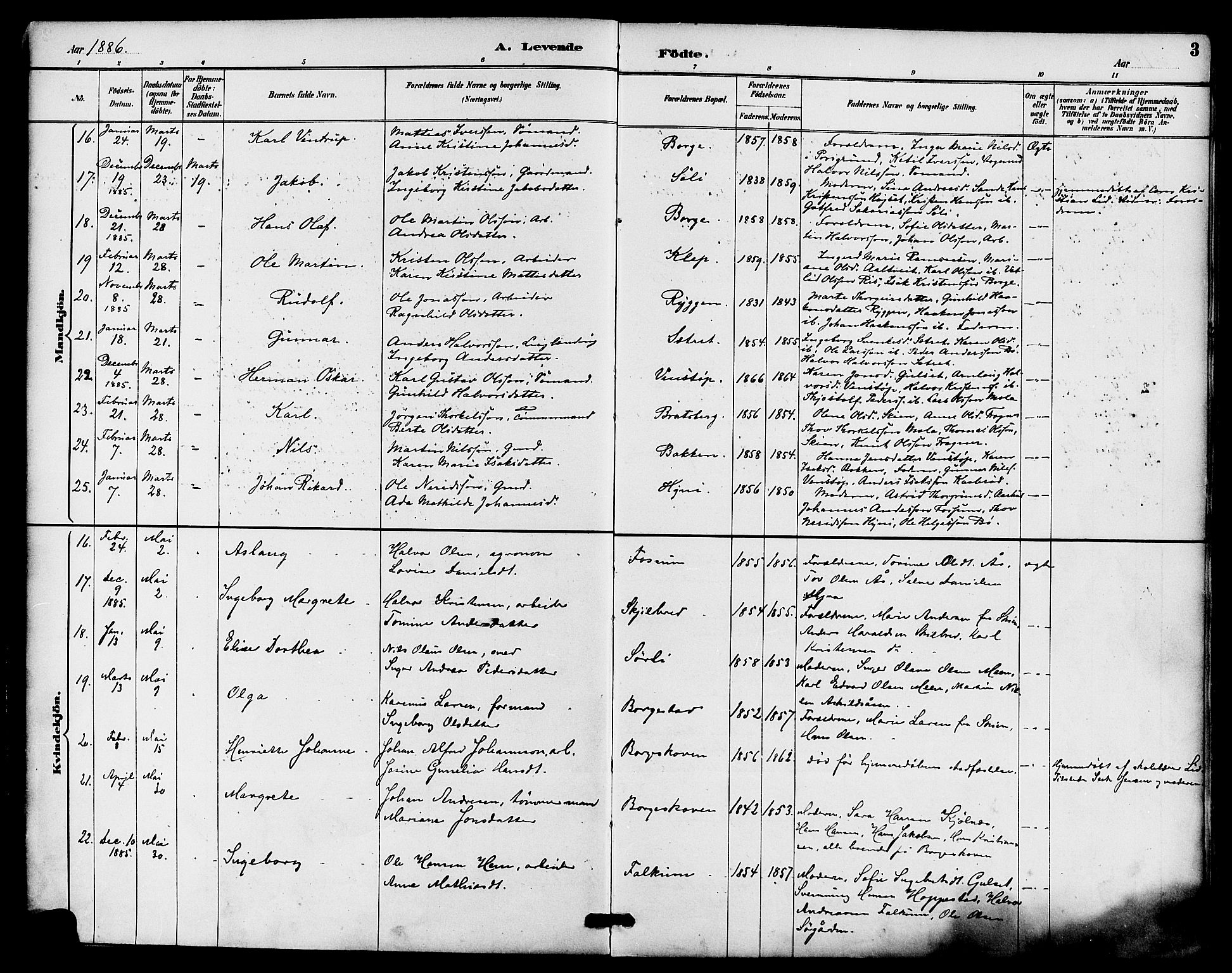 Gjerpen kirkebøker, AV/SAKO-A-265/F/Fa/L0010: Parish register (official) no. I 10, 1886-1895, p. 3