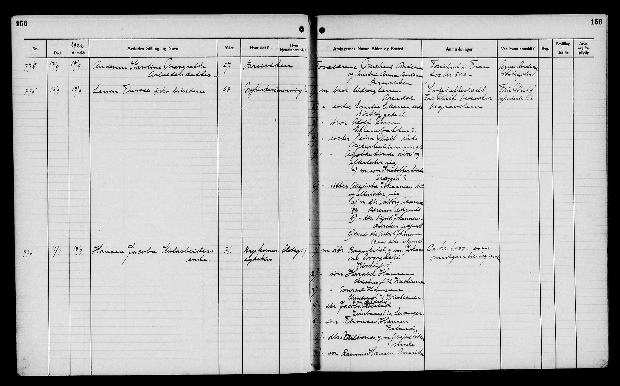 Byfogd og Byskriver i Bergen, AV/SAB-A-3401/06/06Na/L0014: Dødsfallsjournaler, 1921-1924, p. 156