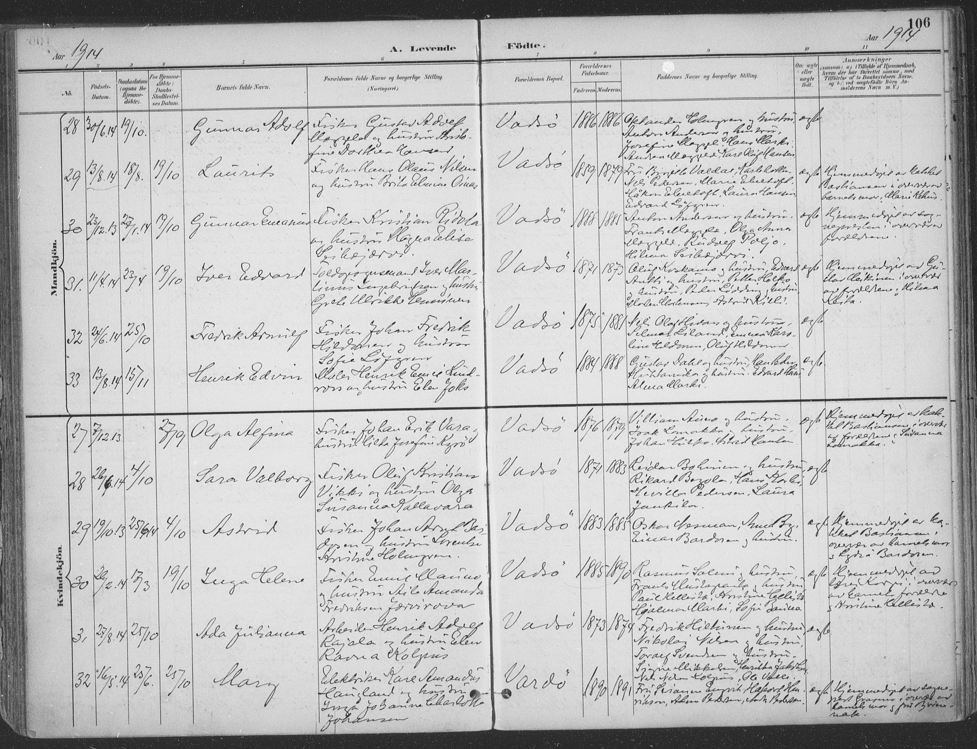 Vadsø sokneprestkontor, SATØ/S-1325/H/Ha/L0007kirke: Parish register (official) no. 7, 1896-1916, p. 106