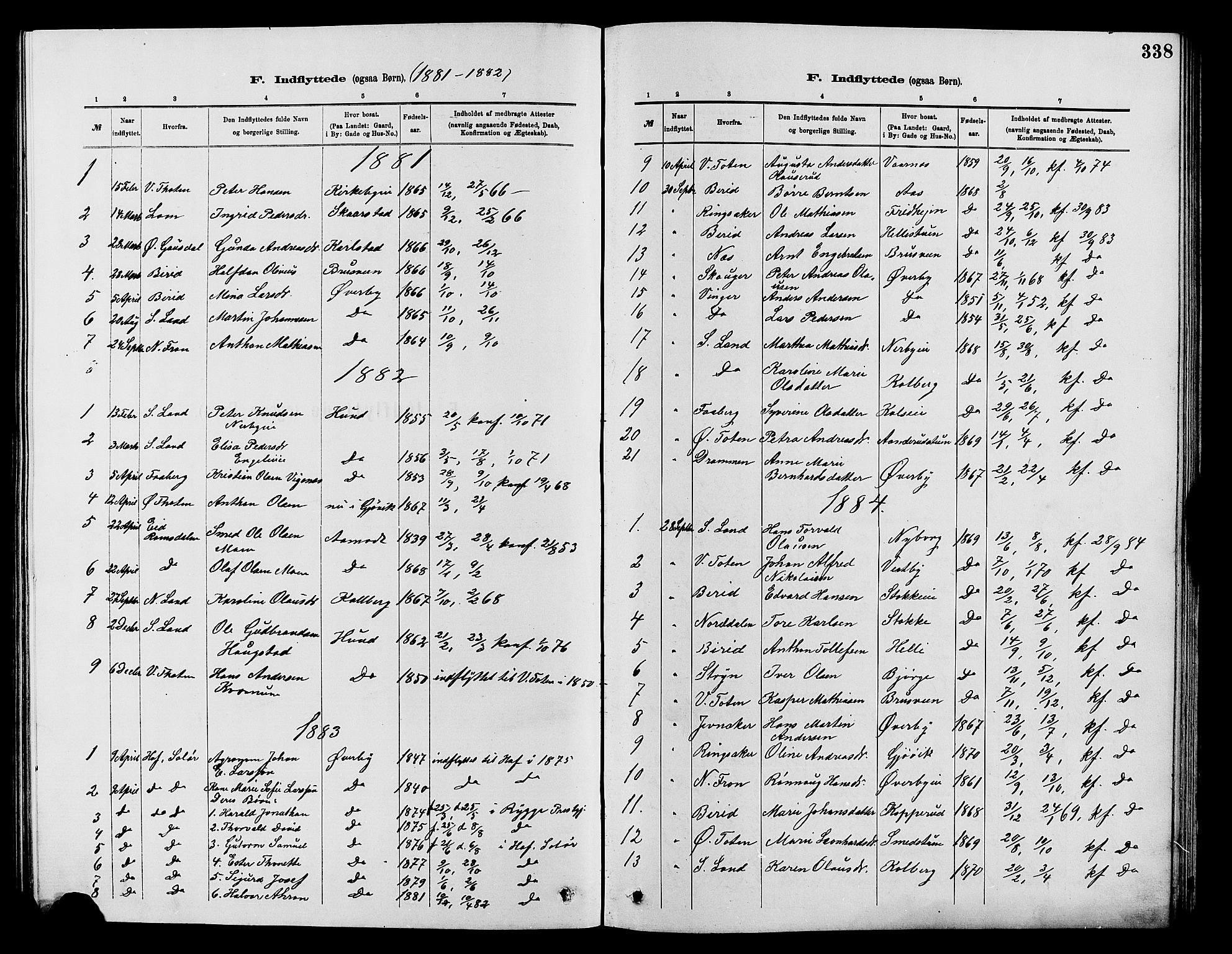 Vardal prestekontor, SAH/PREST-100/H/Ha/Hab/L0007: Parish register (copy) no. 7 /1, 1881-1895, p. 338