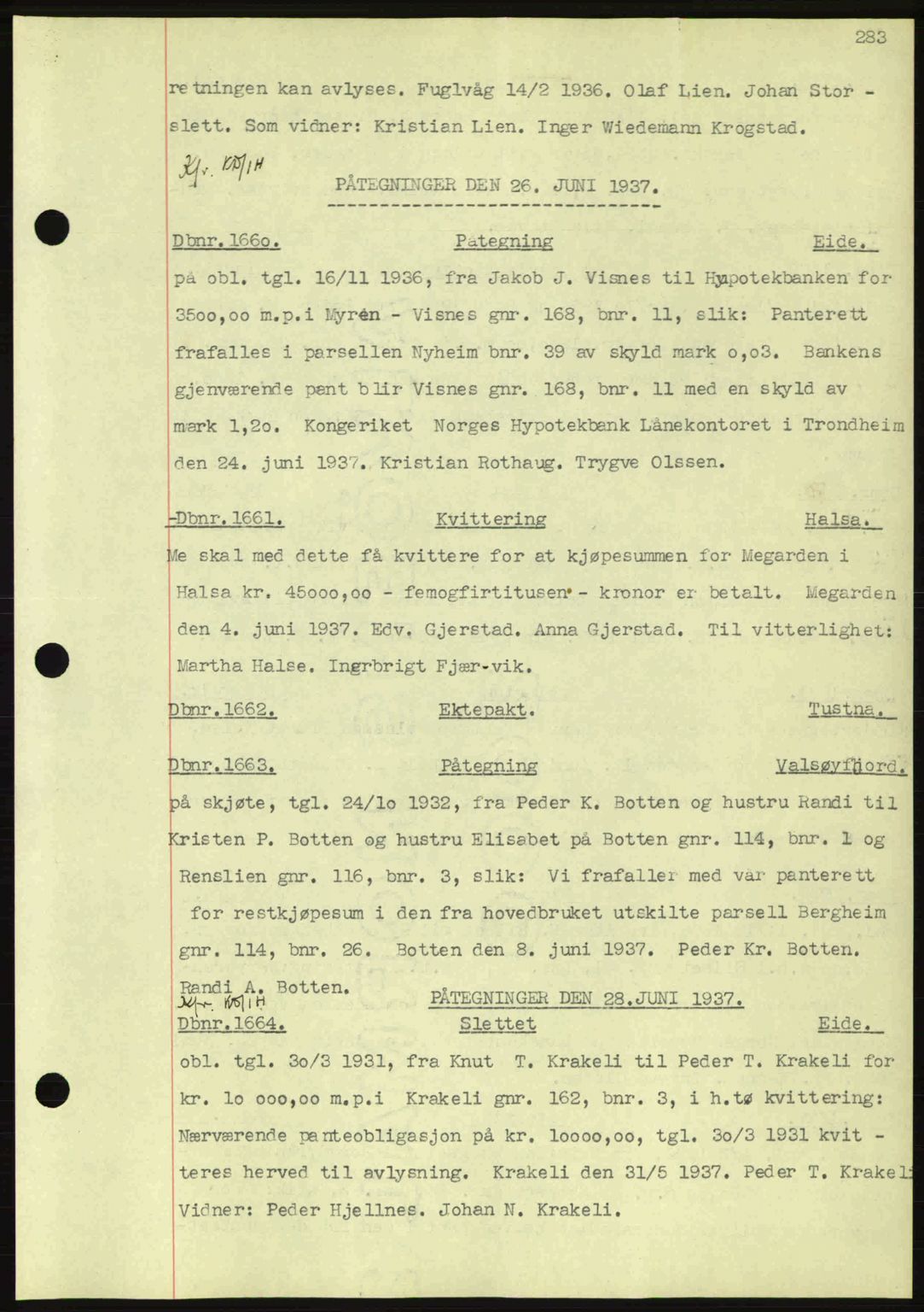 Nordmøre sorenskriveri, AV/SAT-A-4132/1/2/2Ca: Mortgage book no. C80, 1936-1939, Diary no: : 1660/1937