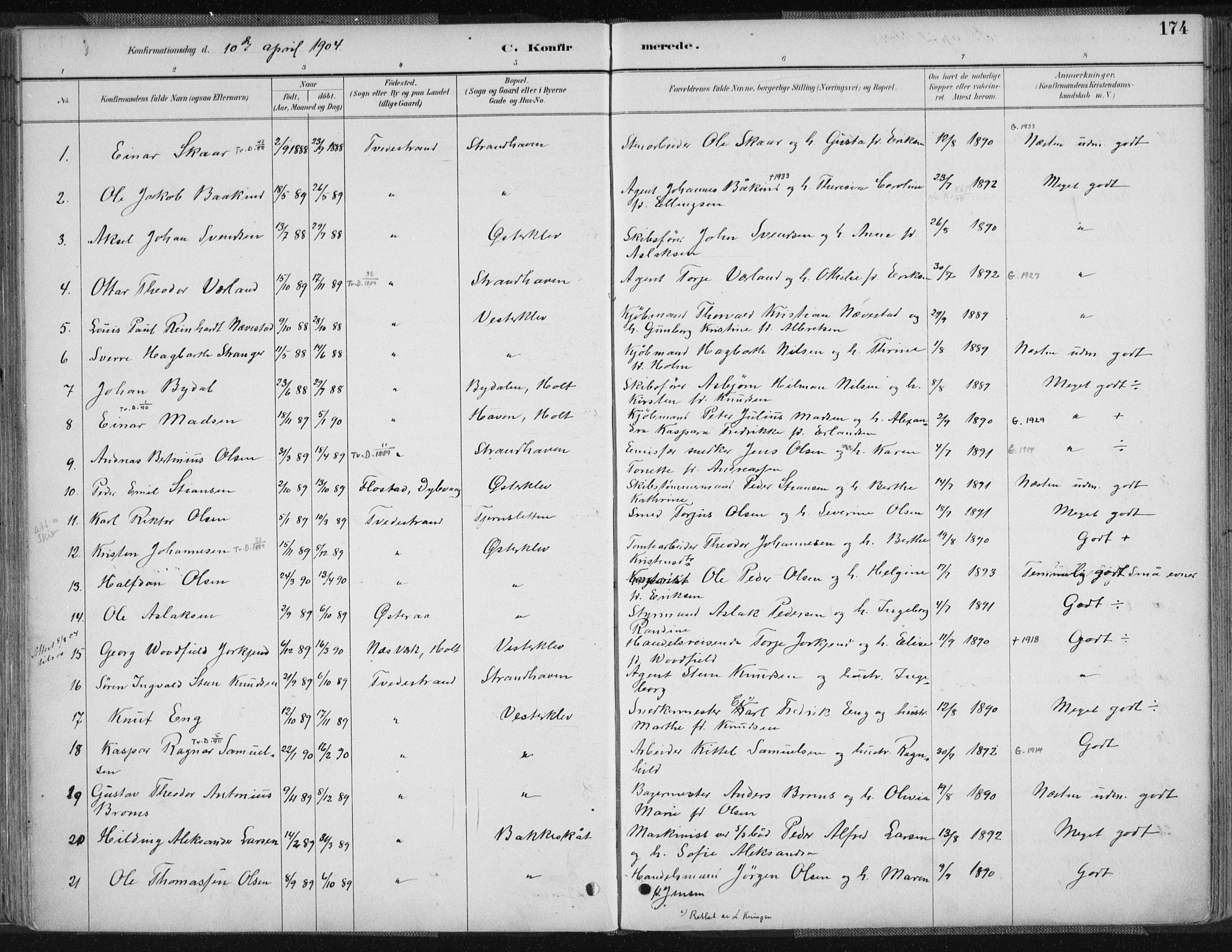 Tvedestrand sokneprestkontor, AV/SAK-1111-0042/F/Fa/L0001: Parish register (official) no. A 1, 1885-1916, p. 174