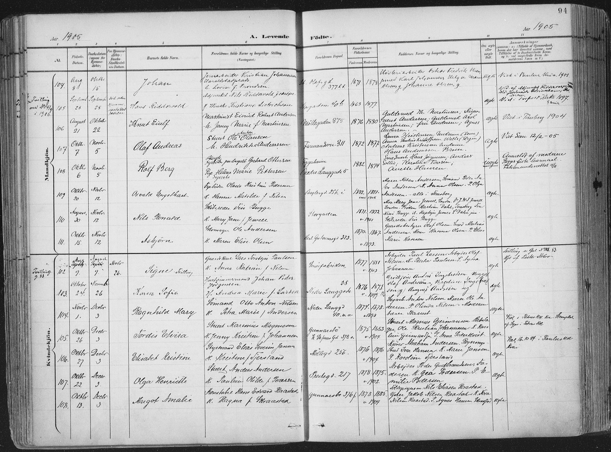 Tønsberg kirkebøker, AV/SAKO-A-330/F/Fa/L0014: Parish register (official) no. I 14, 1900-1913, p. 94
