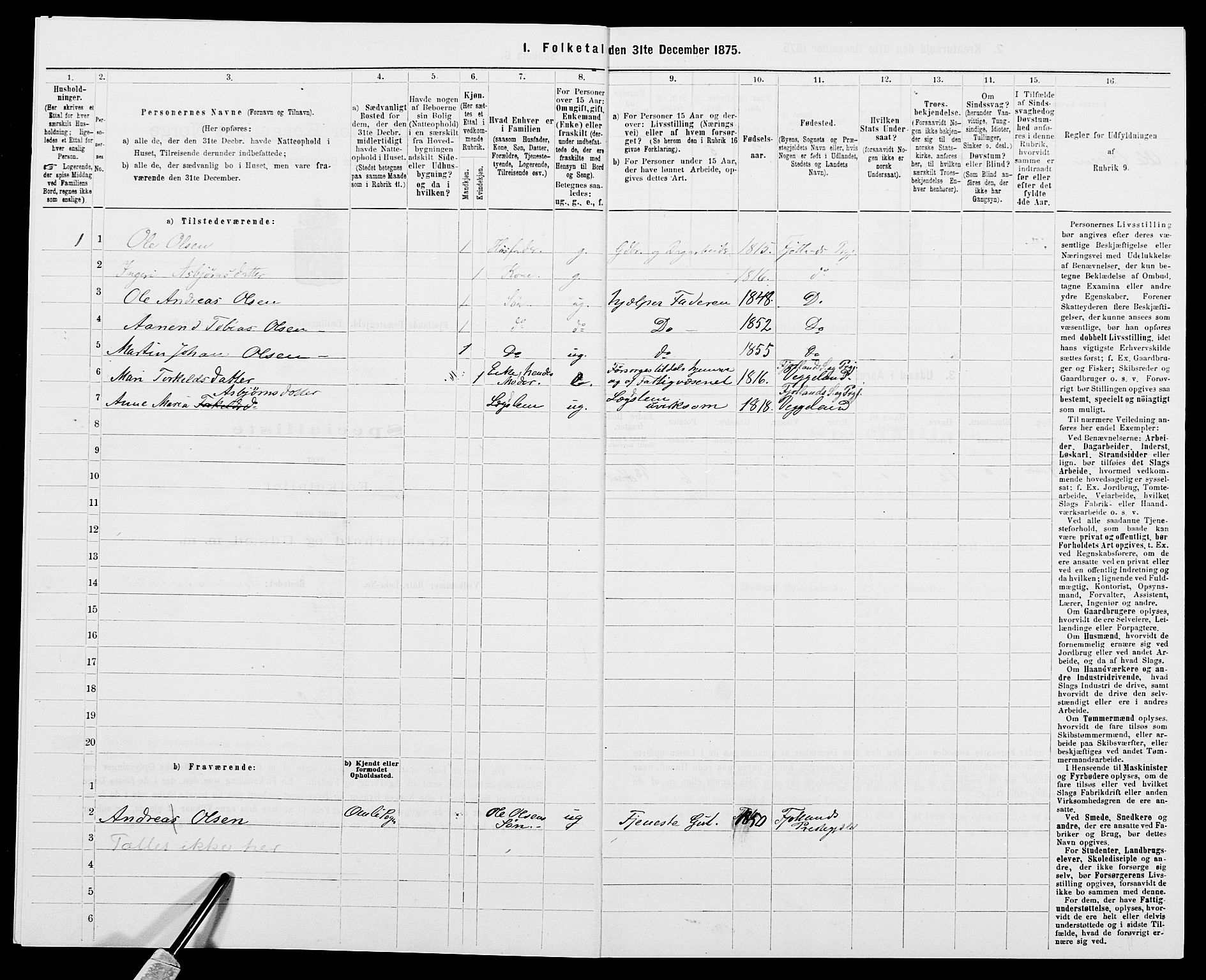 SAK, 1875 census for 1036P Fjotland, 1875, p. 218