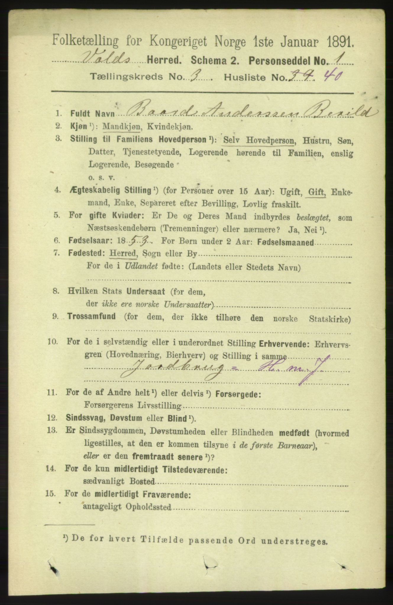 RA, 1891 census for 1537 Voll, 1891, p. 1200