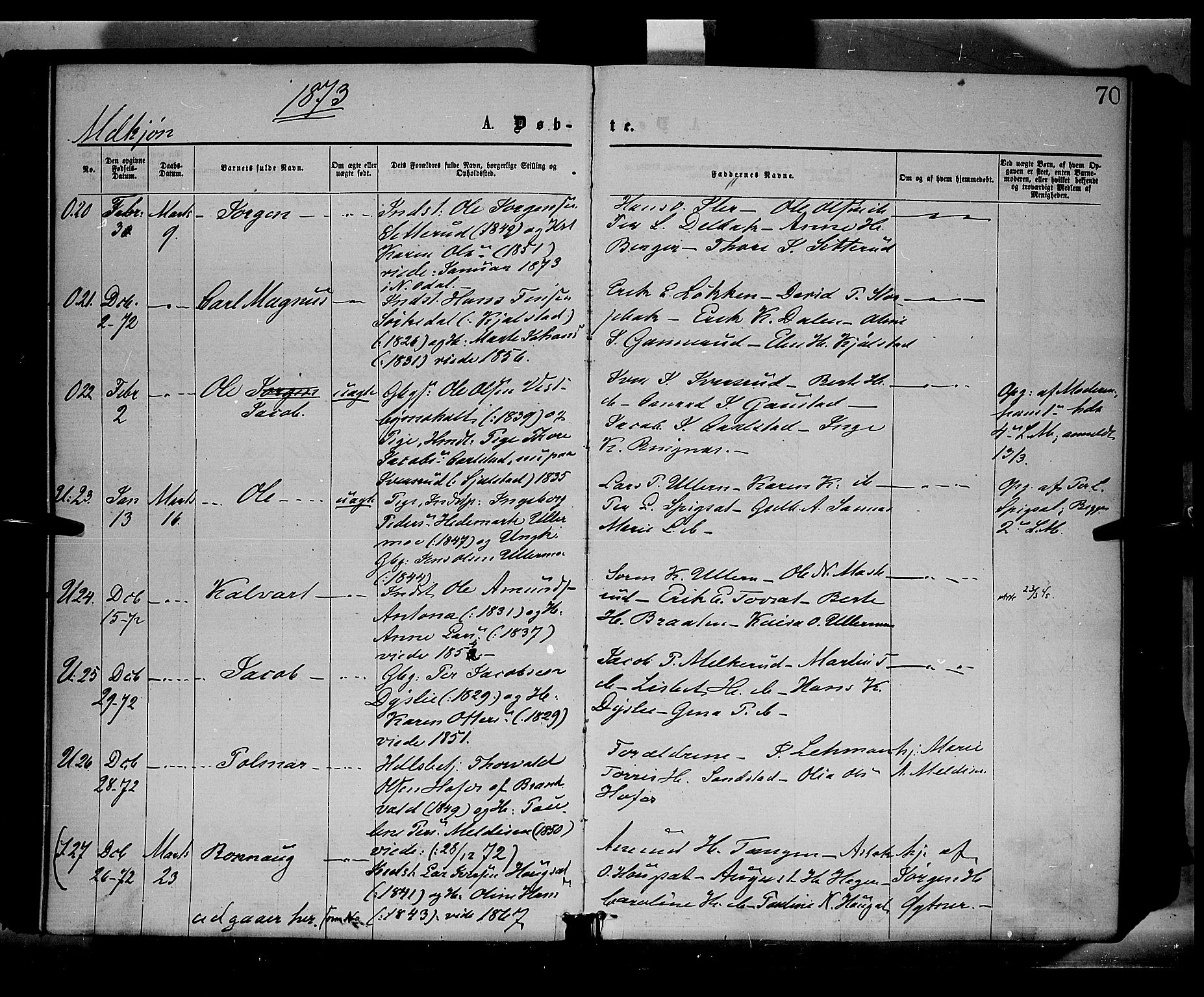 Sør-Odal prestekontor, SAH/PREST-030/H/Ha/Haa/L0004: Parish register (official) no. 4, 1870-1875, p. 70