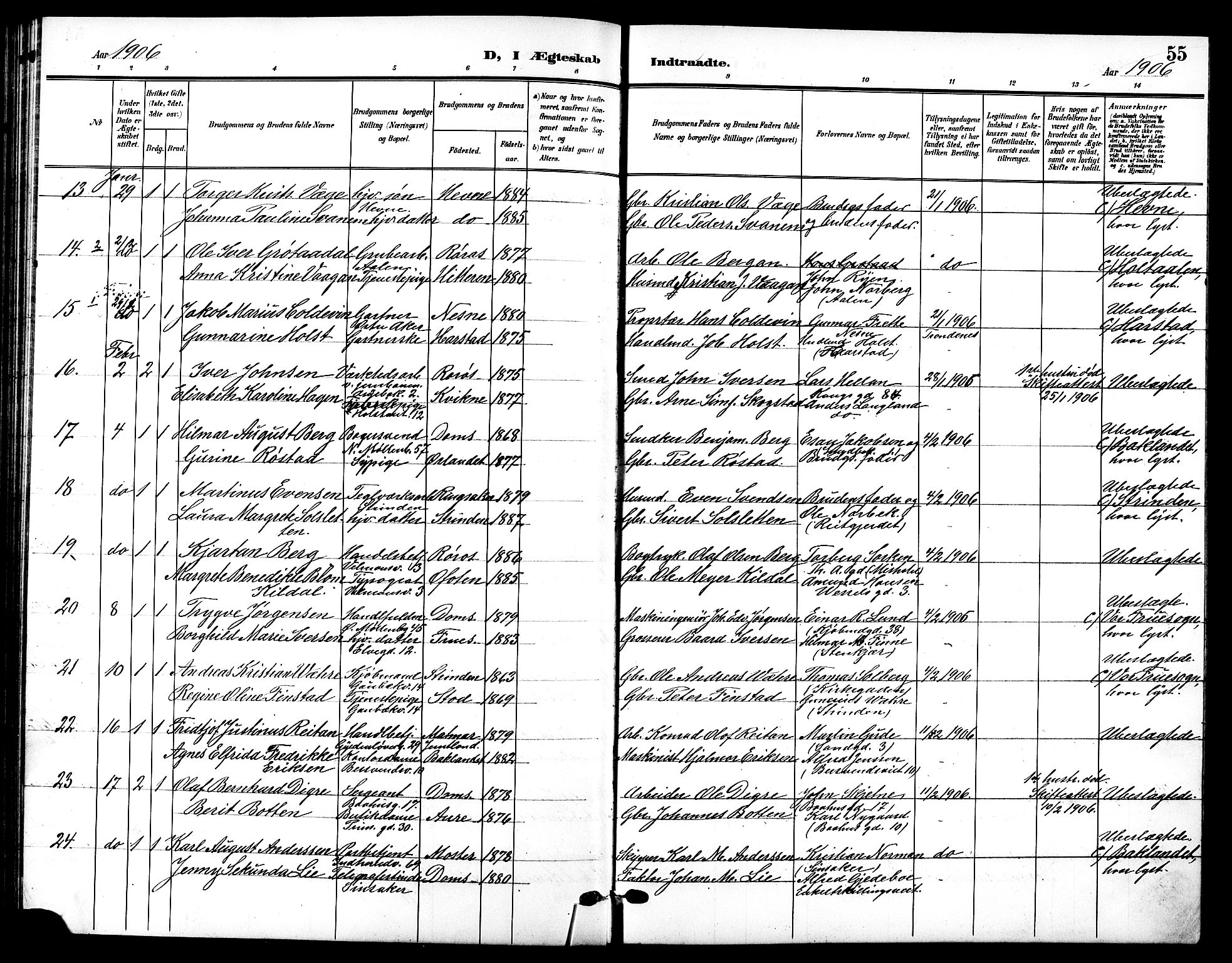 Ministerialprotokoller, klokkerbøker og fødselsregistre - Sør-Trøndelag, SAT/A-1456/601/L0095: Parish register (copy) no. 601C13, 1902-1911, p. 55