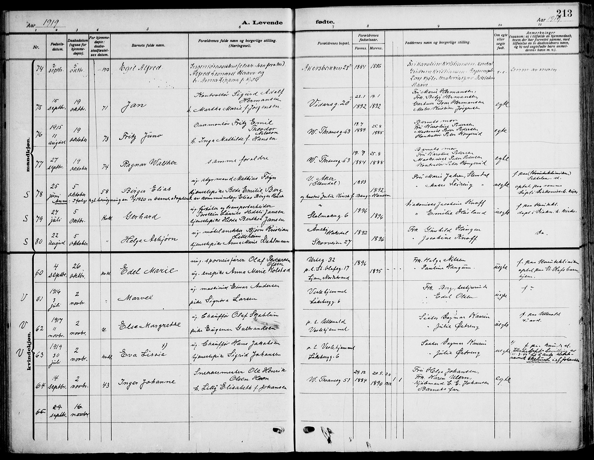 Gamle Aker prestekontor Kirkebøker, SAO/A-10617a/F/L0014: Parish register (official) no. 14, 1909-1924, p. 213