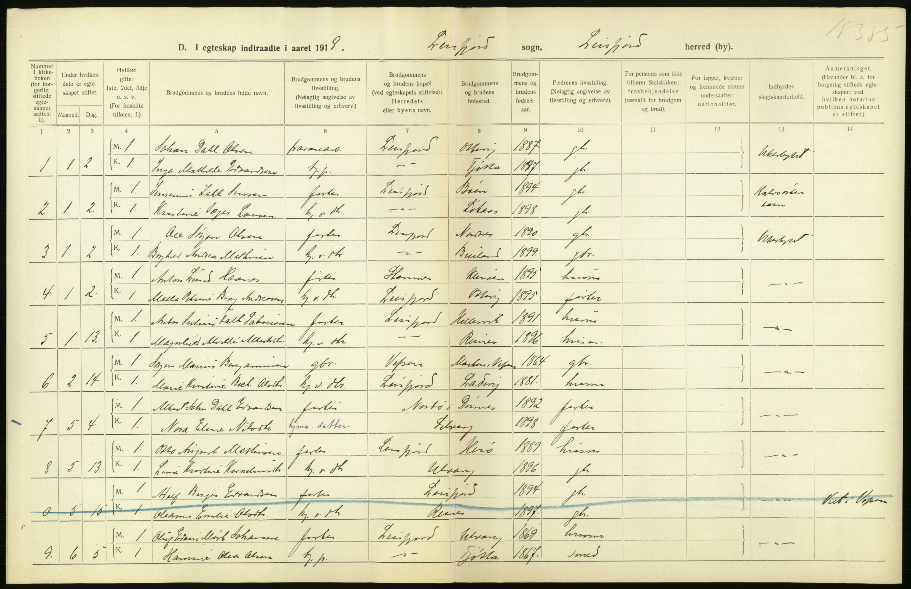 Statistisk sentralbyrå, Sosiodemografiske emner, Befolkning, RA/S-2228/D/Df/Dfb/Dfbh/L0054: Nordland fylke: Gifte, dødfødte. Bygder og byer., 1918, p. 62