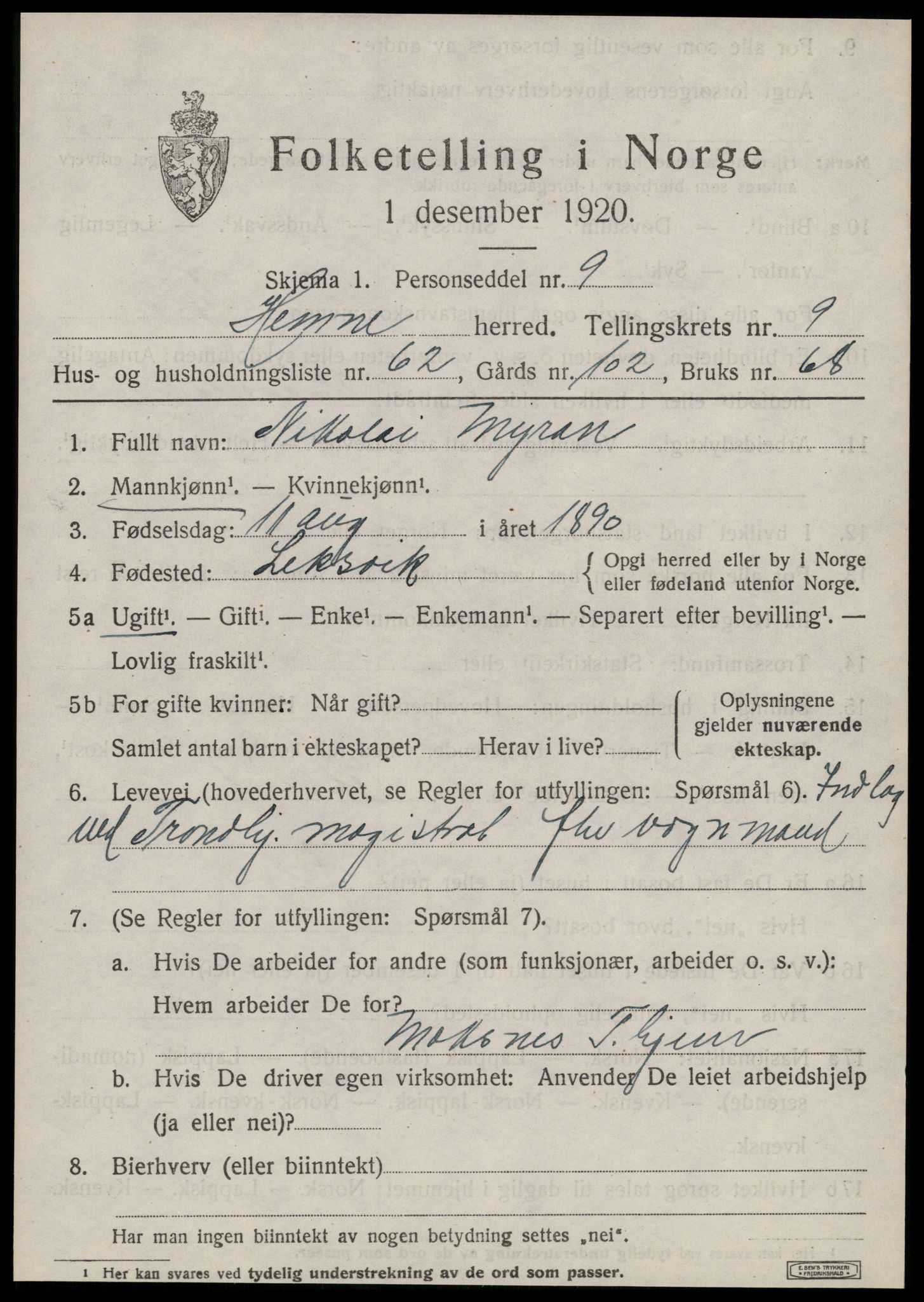 SAT, 1920 census for Hemne, 1920, p. 6096