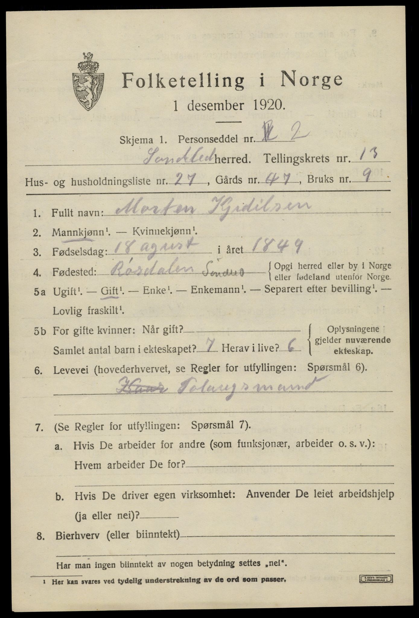 SAK, 1920 census for Søndeled, 1920, p. 6283